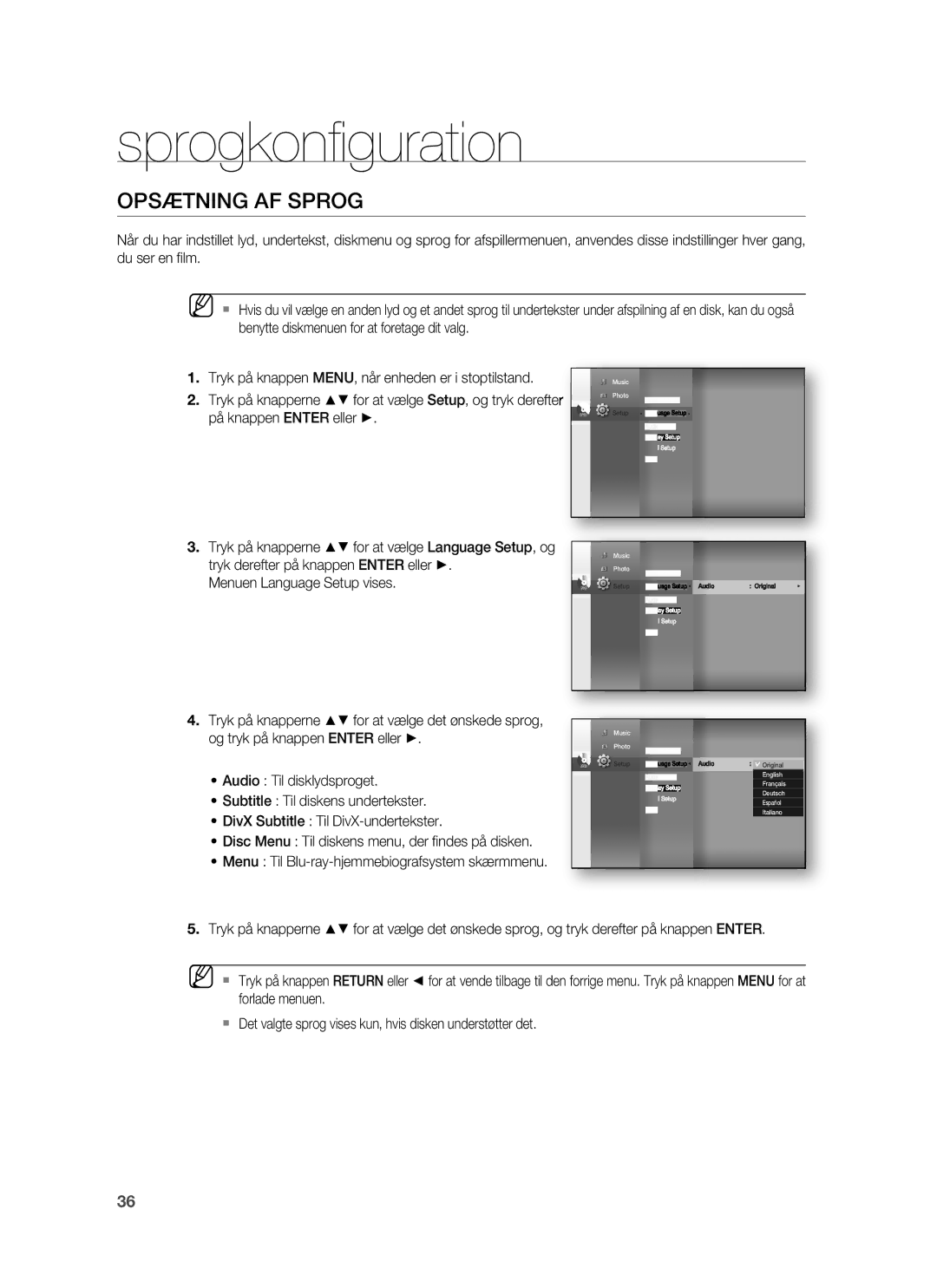 Samsung HT-BD6200R/XEE manual Sprogkonﬁ guration, Opsætning AF Sprog, På knappen Enter eller 