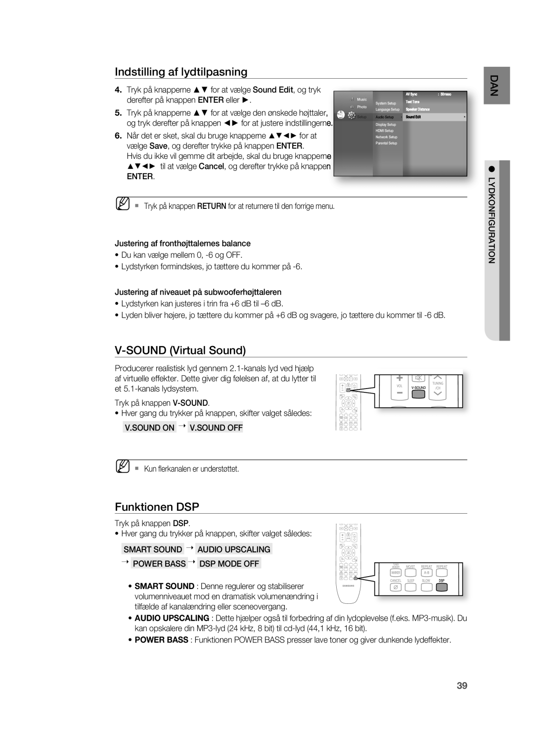 Samsung HT-BD6200R/XEE manual Sound Virtual Sound, Funktionen DSP, Når det er sket, skal du bruge knapperne for at 