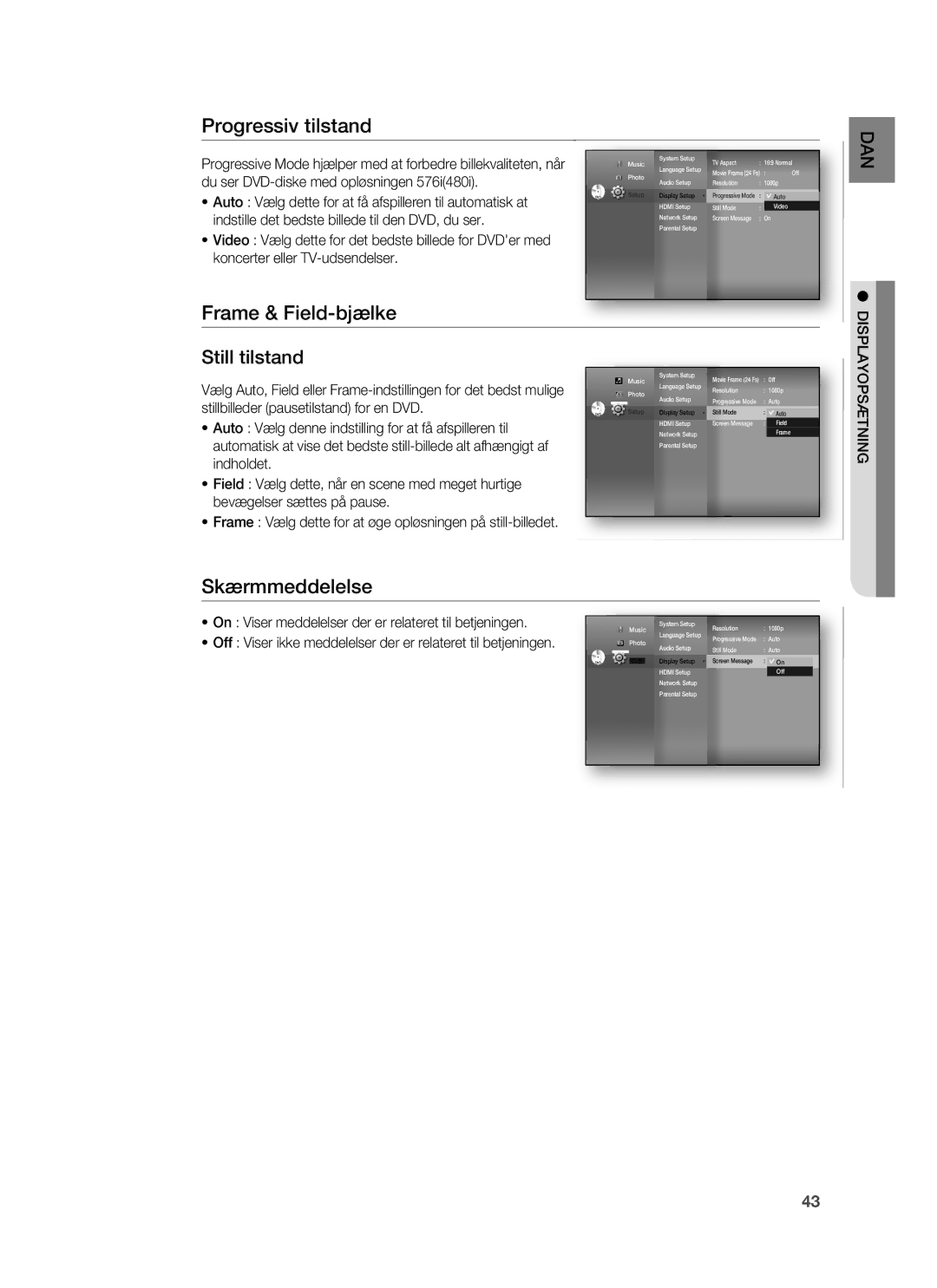 Samsung HT-BD6200R/XEE manual Progressiv tilstand, Frame & Field-bjælke, Skærmmeddelelse 