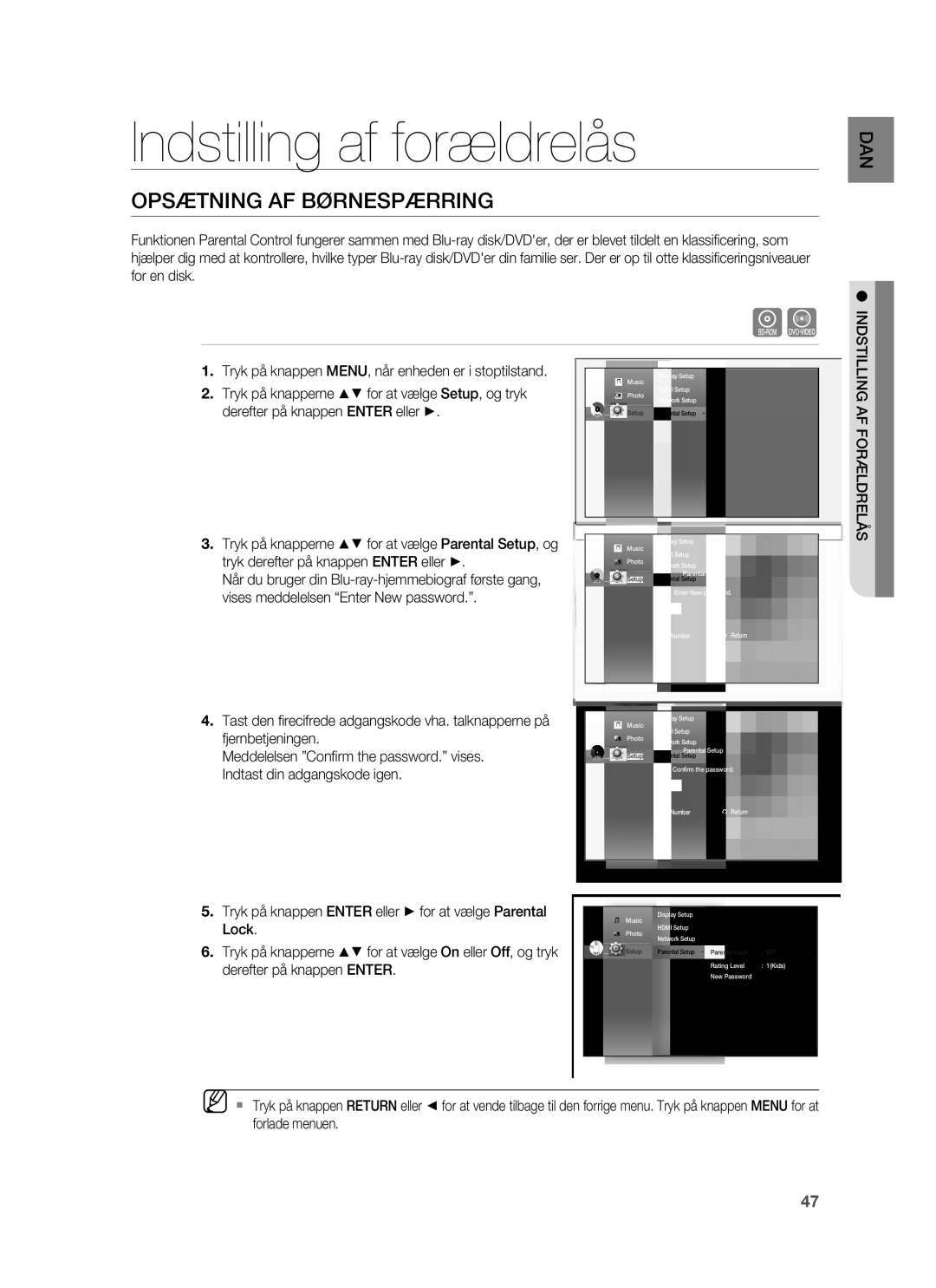 Samsung HT-BD6200R/XEE manual Indstilling af forældrelås, Opsætning AF Børnespærring, Indstilling AF Forældrelås 