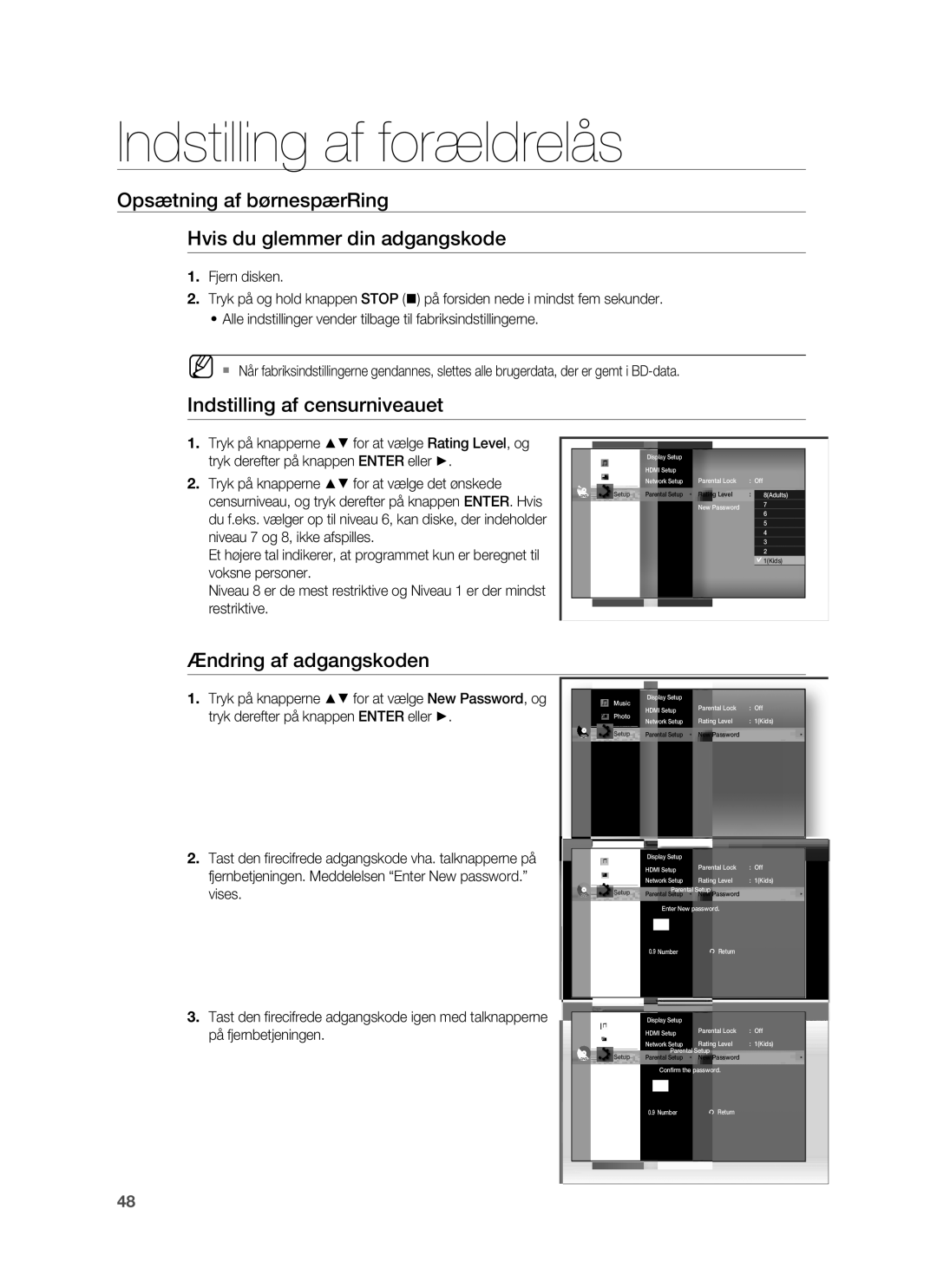 Samsung HT-BD6200R/XEE manual Opsætning af børnespærRing Hvis du glemmer din adgangskode, Indstilling af censurniveauet 