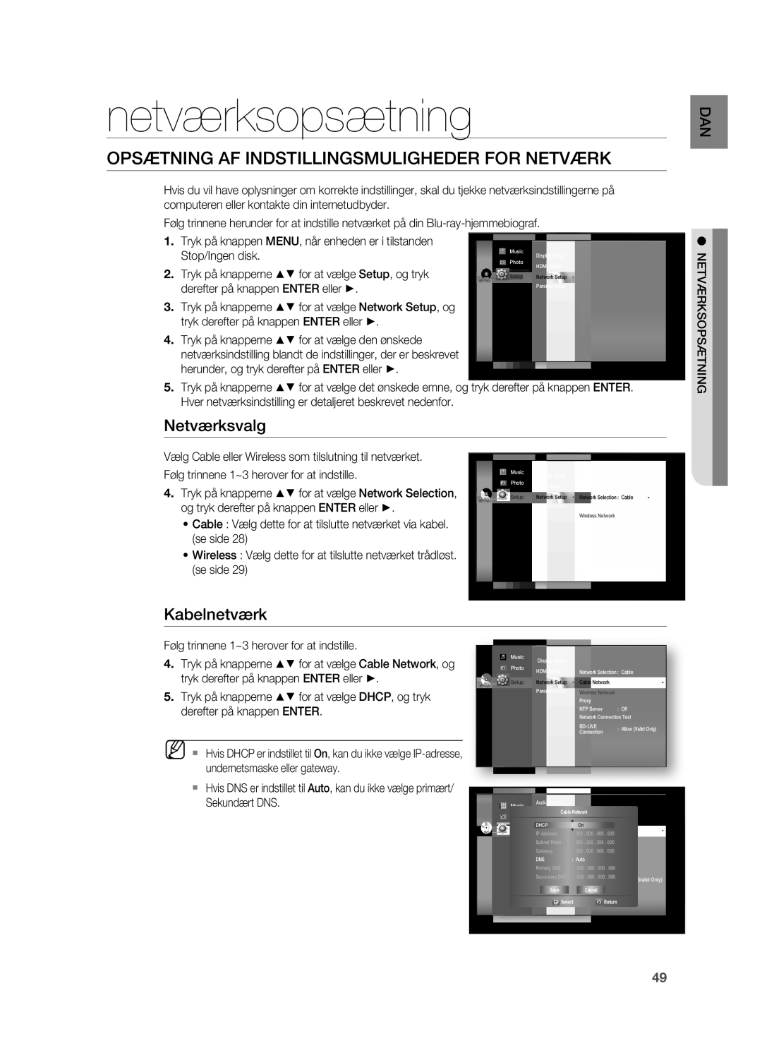 Samsung HT-BD6200R/XEE Netværksopsætning, Opsætning AF Indstillingsmuligheder for Netværk, Netværksvalg, Kabelnetværk 