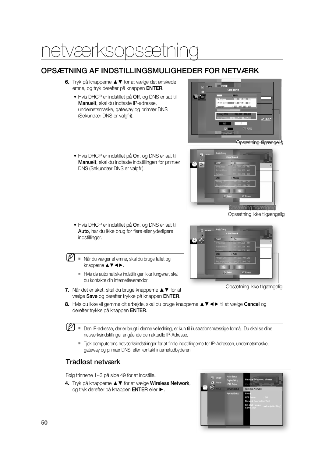 Samsung HT-BD6200R/XEE manual Trådløst netværk, Auto, har du ikke brug for ﬂere eller yderligere, Indstillinger 