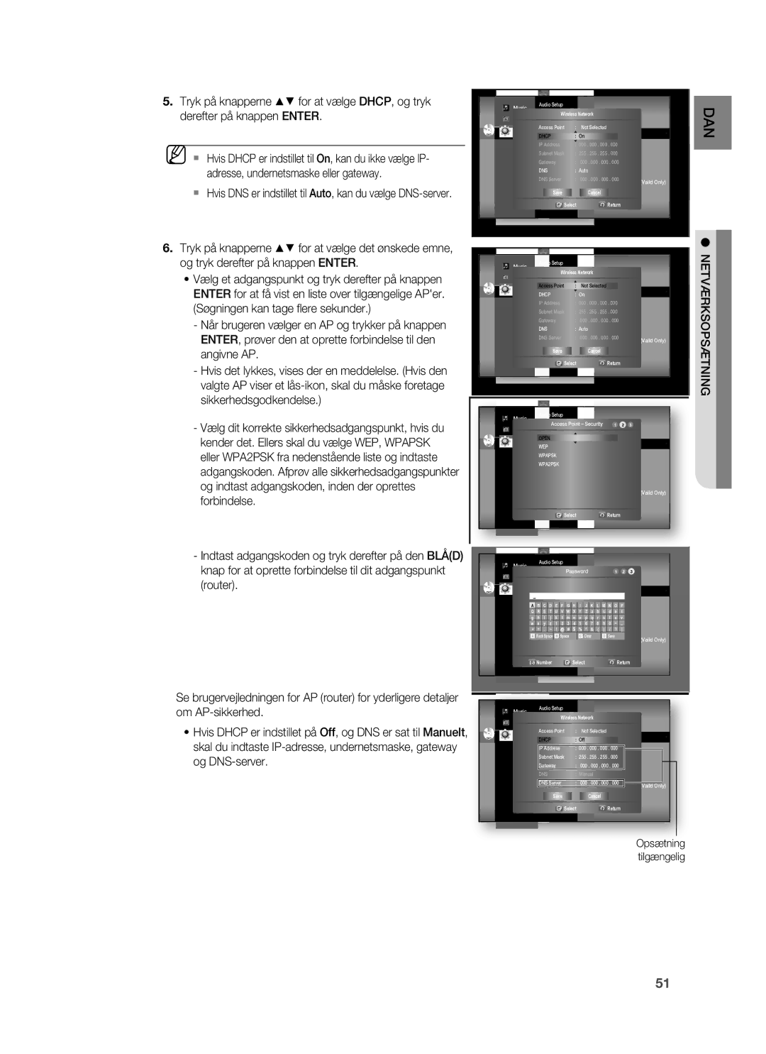 Samsung HT-BD6200R/XEE manual Dan, Adresse, undernetsmaske eller gateway 