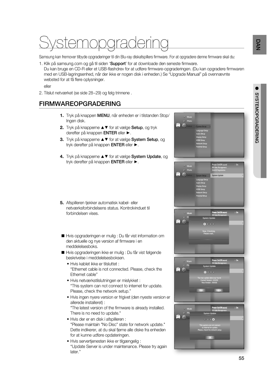 Samsung HT-BD6200R/XEE manual Systemopgradering, Firmwareopgradering, Ingen disk 