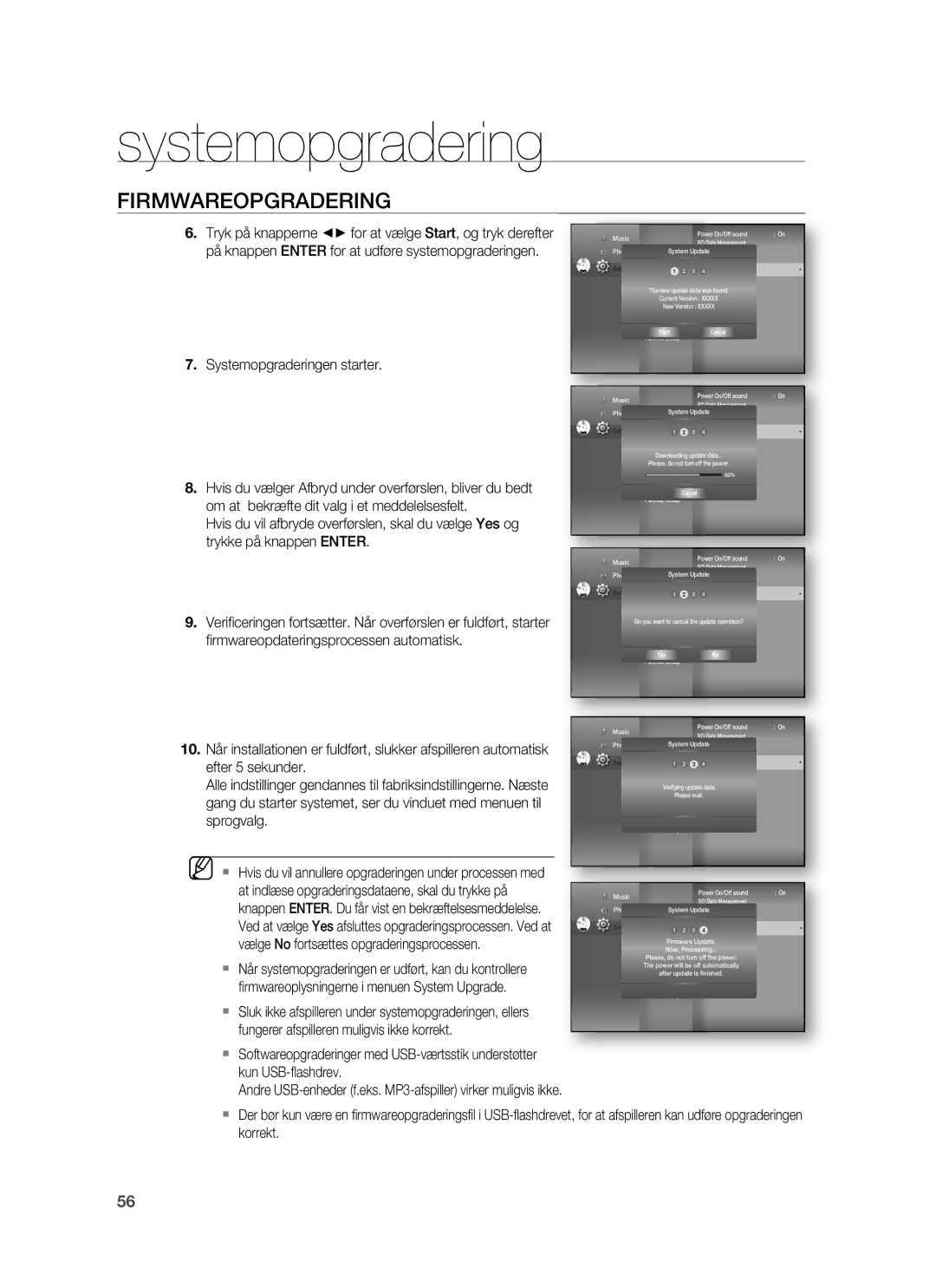 Samsung HT-BD6200R/XEE Systemopgraderingen starter, Om at bekræfte dit valg i et meddelelsesfelt, Trykke på knappen Enter 