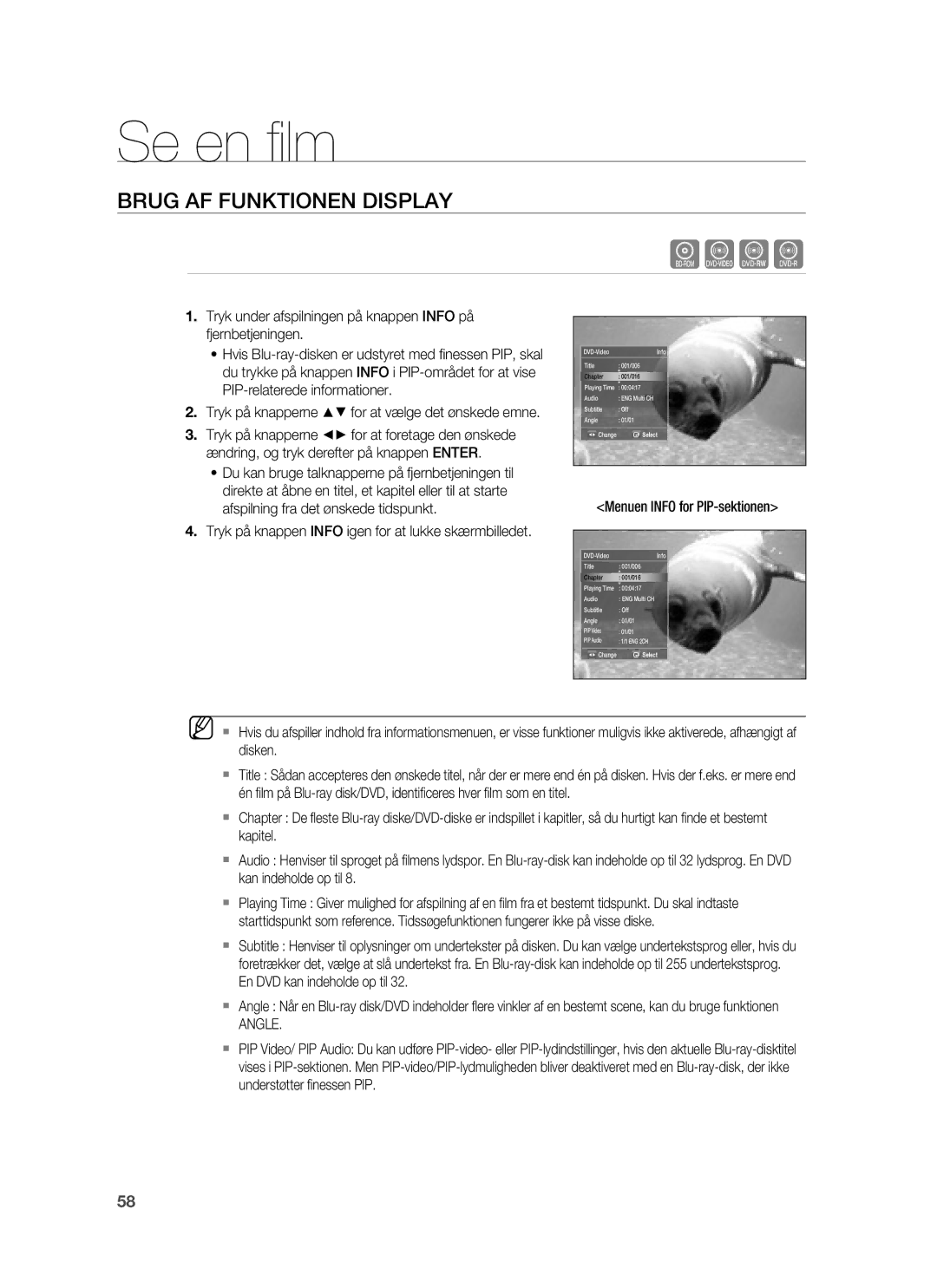 Samsung HT-BD6200R/XEE manual Se en ﬁ lm, Brug AF Funktionen Display, Angle 