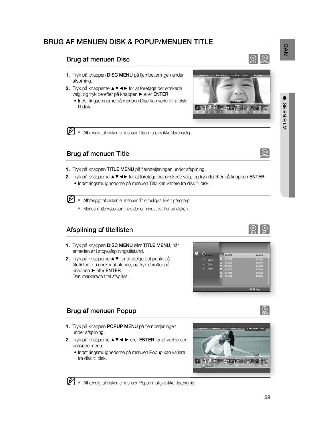 Samsung HT-BD6200R/XEE manual Brug AF Menuen Disk & POPUP/MENUEN Title, Brug af menuen Title, SE EN Film 