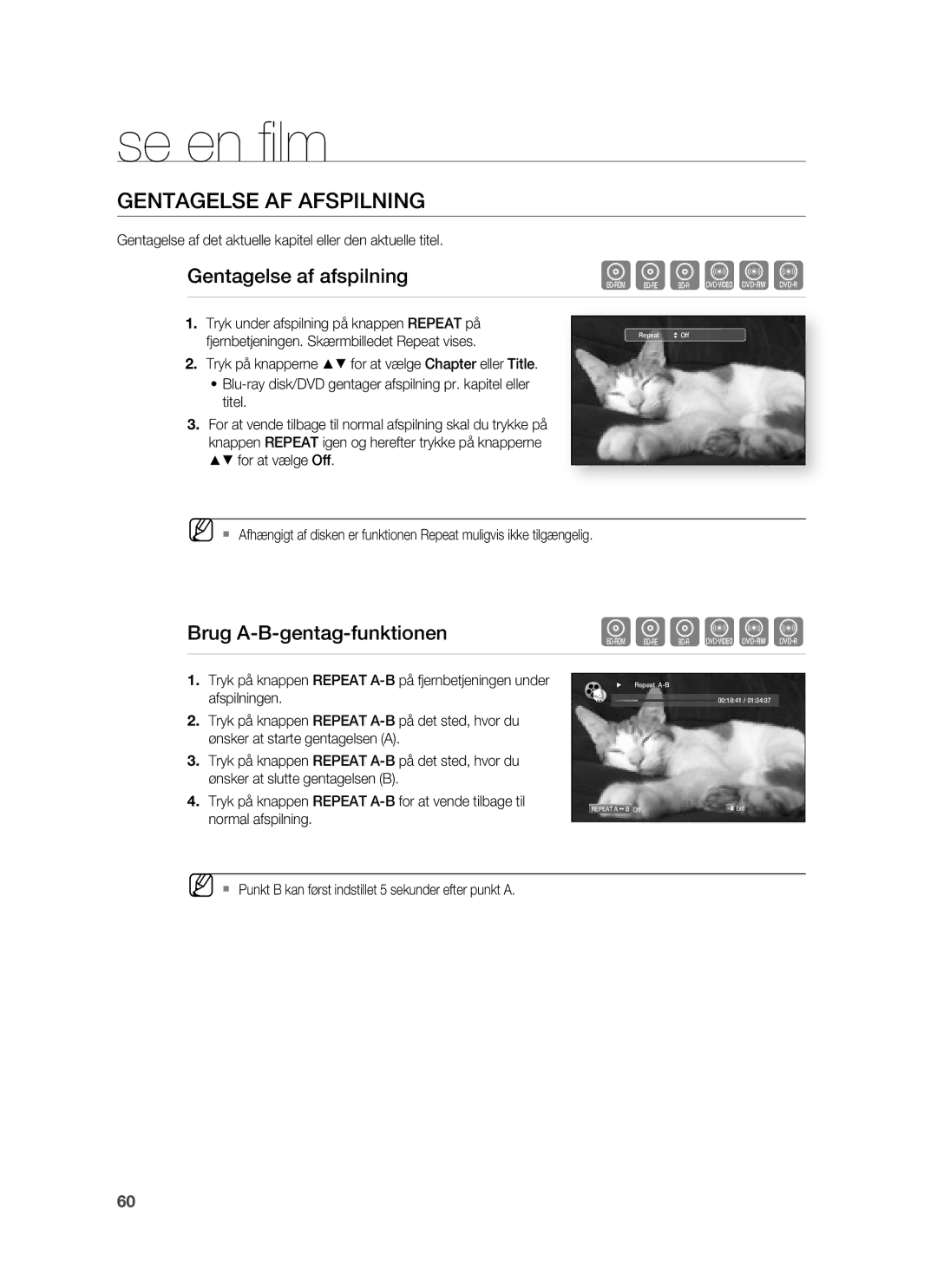 Samsung HT-BD6200R/XEE manual Gentagelse AF Afspilning, Gentagelse af afspilning, Brug A-B-gentag-funktionen 