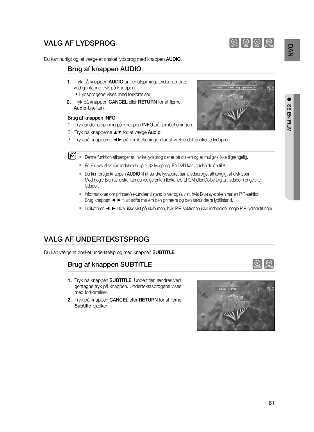 Samsung HT-BD6200R/XEE manual Valg AF Lydsprog, Valg AF Undertekstsprog, Brug af knappen Audio, Brug af knappen Subtitle 