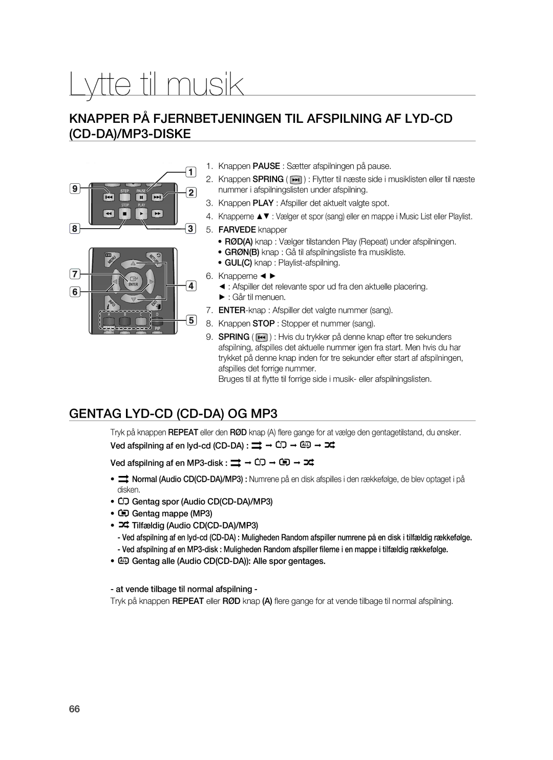 Samsung HT-BD6200R/XEE manual Lytte til musik, Gentag LYD-CD CD-DA OG MP3 