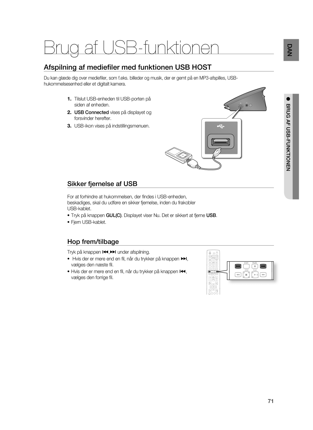 Samsung HT-BD6200R/XEE manual Brug af USB-funktionen, Sikker fjernelse af USB, Hop frem/tilbage, Brug AF USB-FUNKTIONEN 