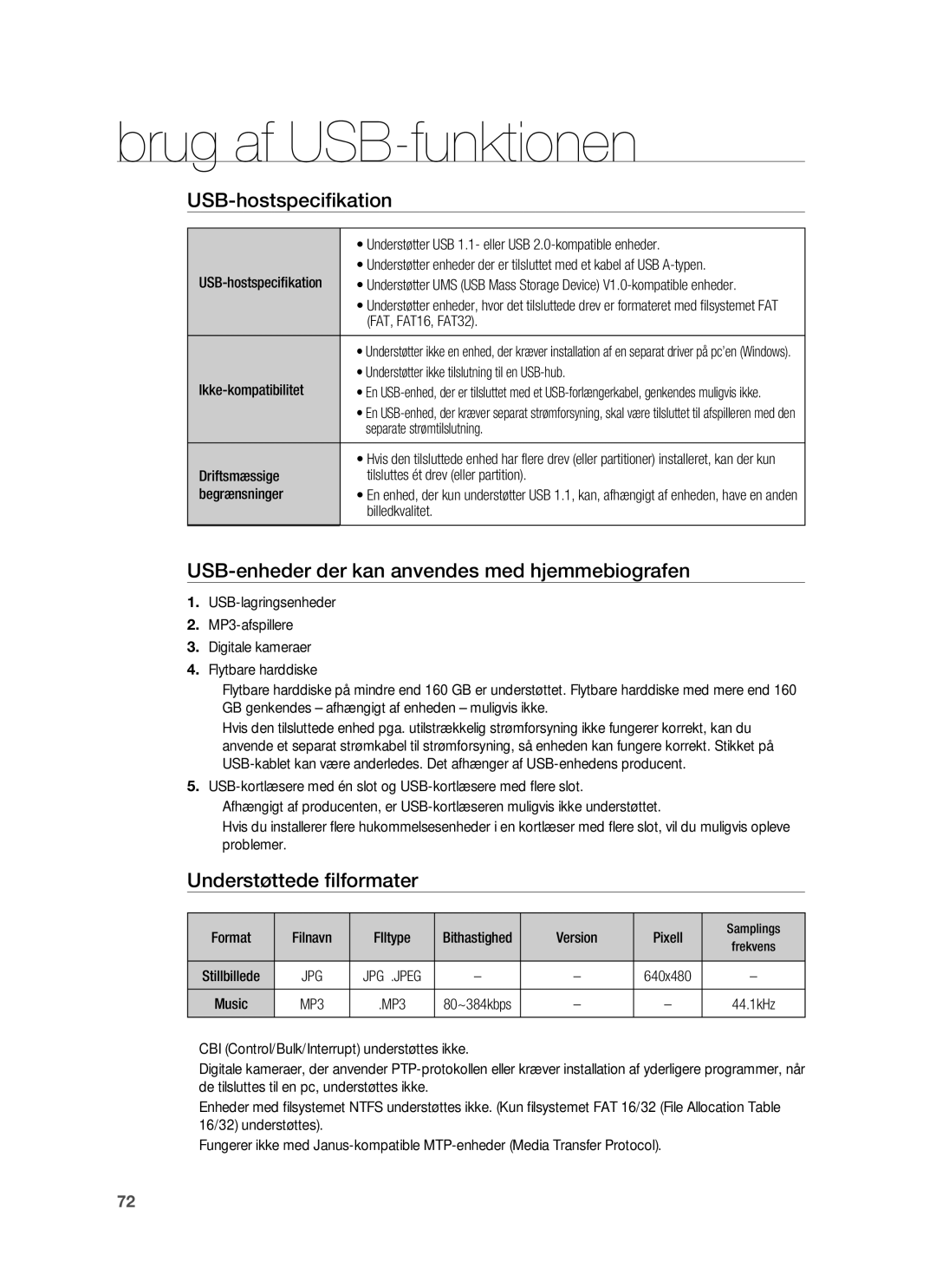 Samsung HT-BD6200R/XEE USB-hostspeciﬁkation, USB-enheder der kan anvendes med hjemmebiografen, Understøttede ﬁlformater 