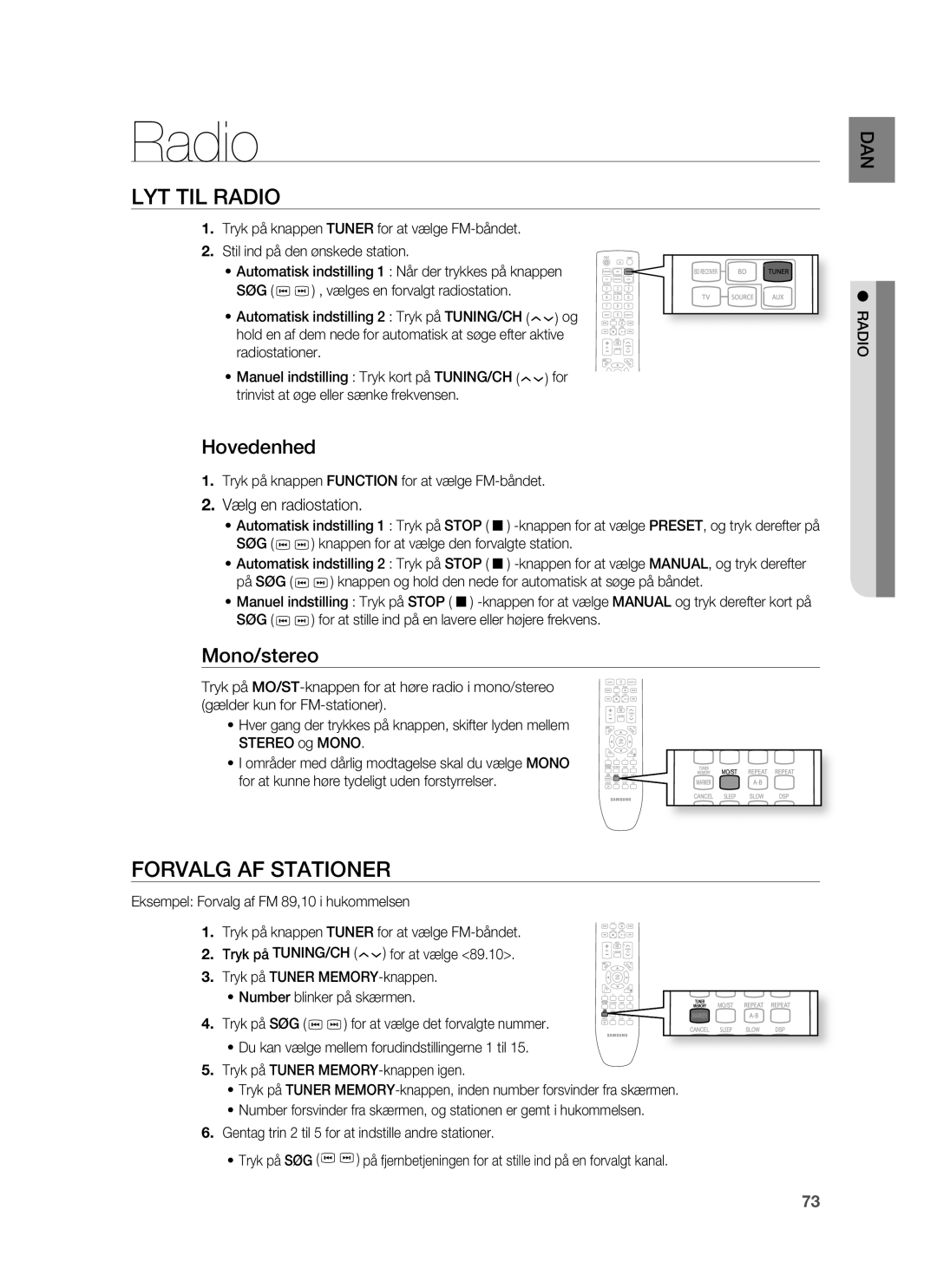 Samsung HT-BD6200R/XEE manual LYT TIL Radio, Forvalg AF Stationer, Hovedenhed, Mono/stereo 