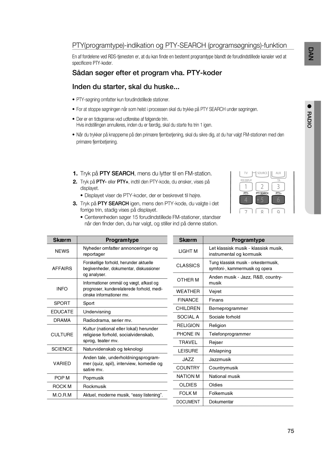 Samsung HT-BD6200R/XEE manual Tryk på PTY SEARCH, mens du lytter til en FM-station 