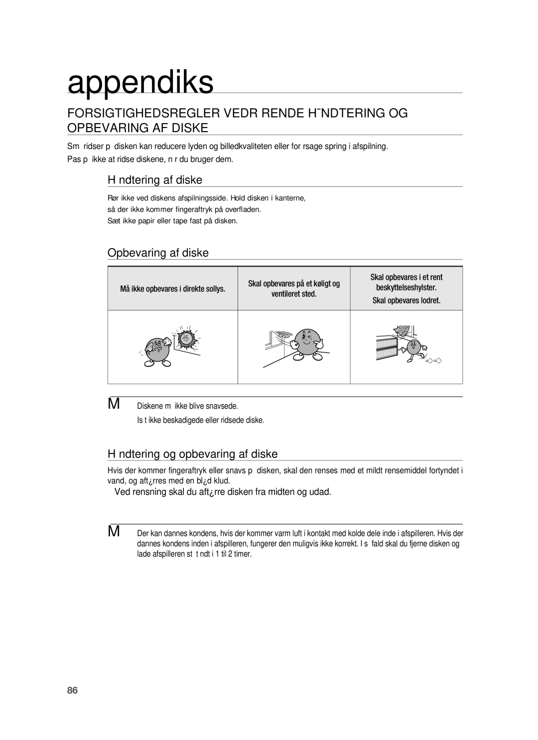 Samsung HT-BD6200R/XEE manual Appendiks, Håndtering af diske, Opbevaring af diske, Håndtering og opbevaring af diske 