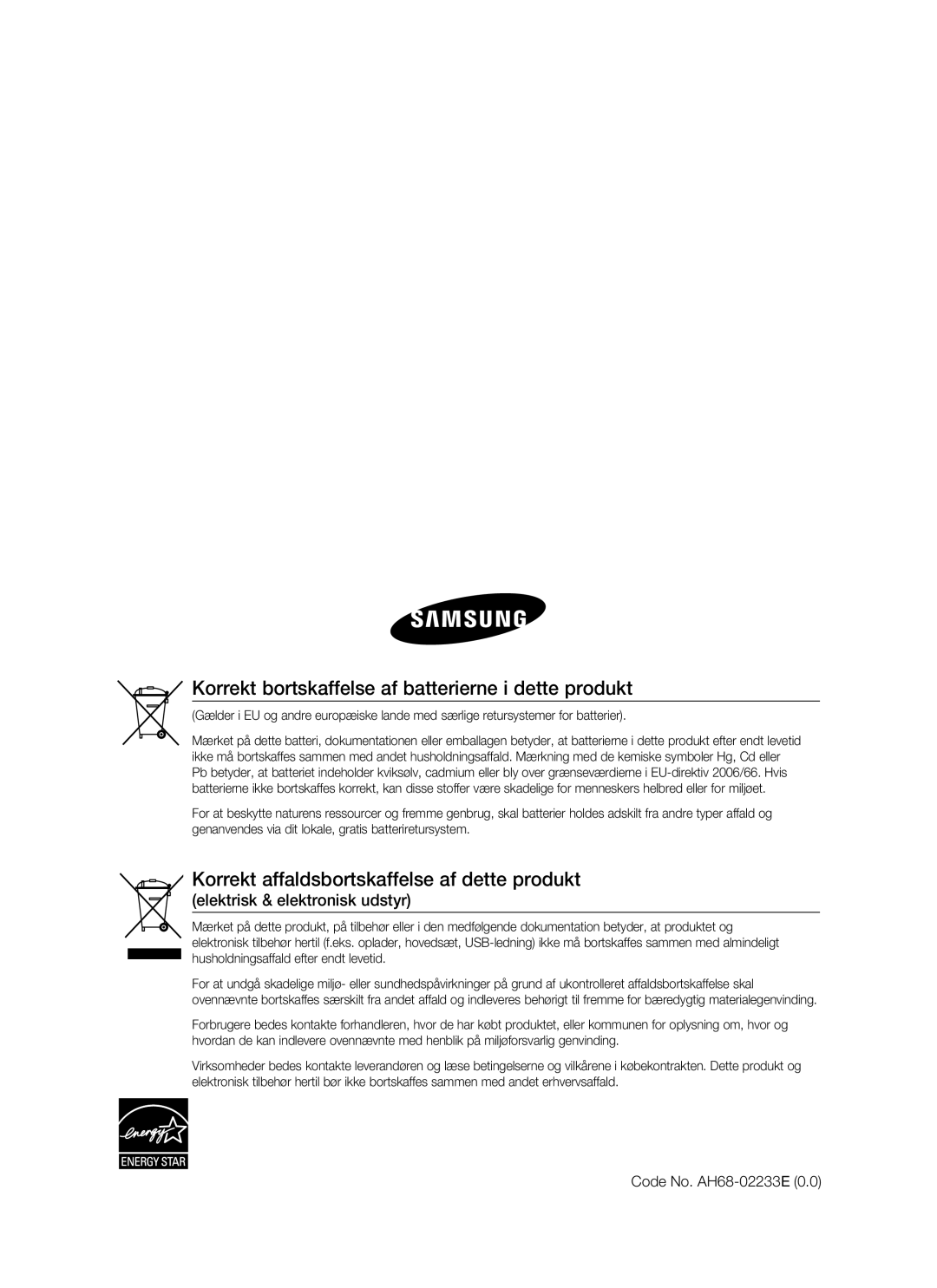 Samsung HT-BD6200R/XEE Korrekt bortskaffelse af batterierne i dette produkt, Korrekt affaldsbortskaffelse af dette produkt 