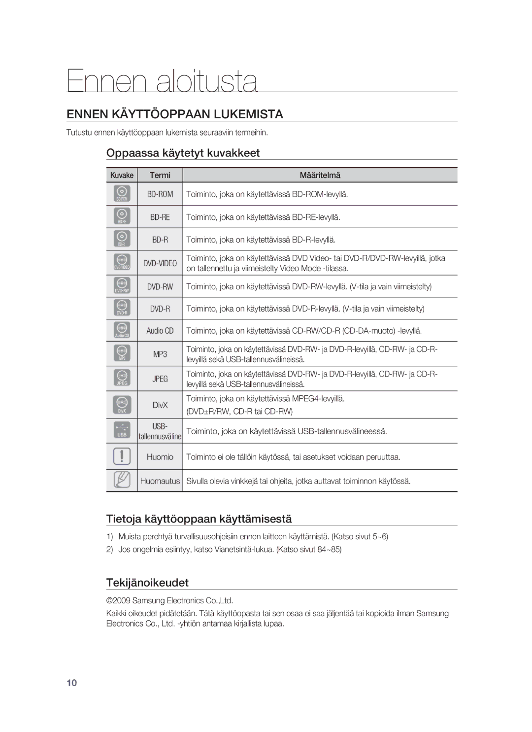 Samsung HT-BD6200R/XEE manual Ennen aloitusta, Ennen Käyttöoppaan Lukemista, Oppaassa käytetyt kuvakkeet, Tekijänoikeudet 