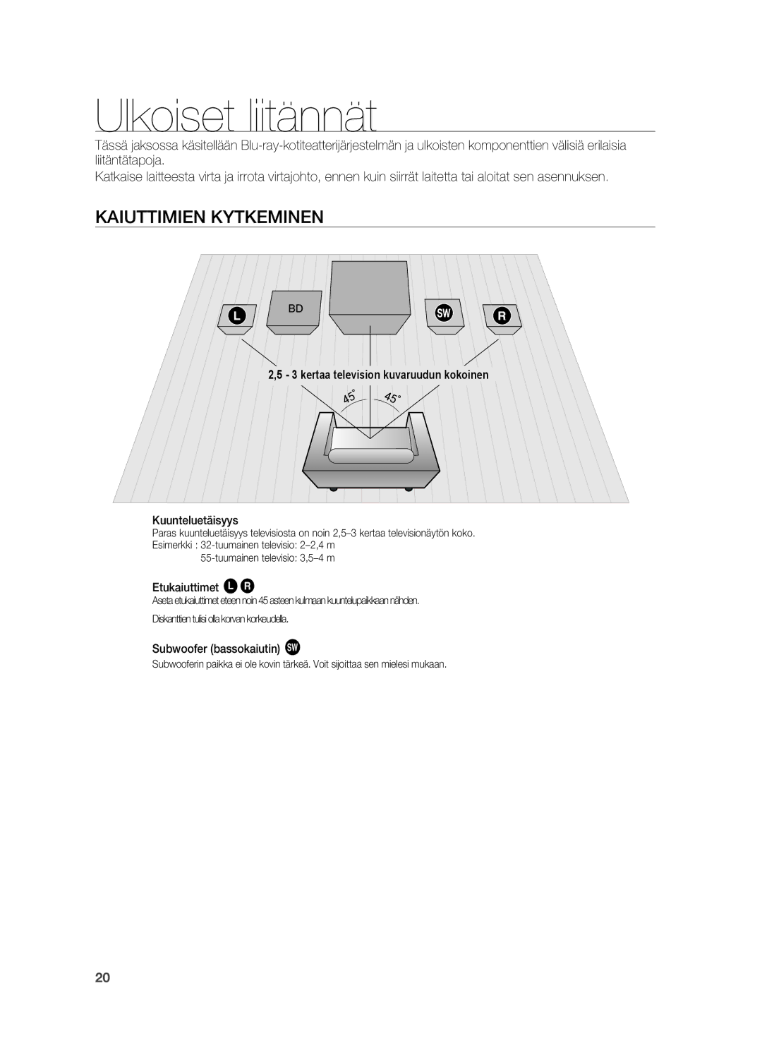 Samsung HT-BD6200R/XEE manual Ulkoiset liitännät, Kaiuttimien Kytkeminen, Kuunteluetäisyys, Etukaiuttimet ei 