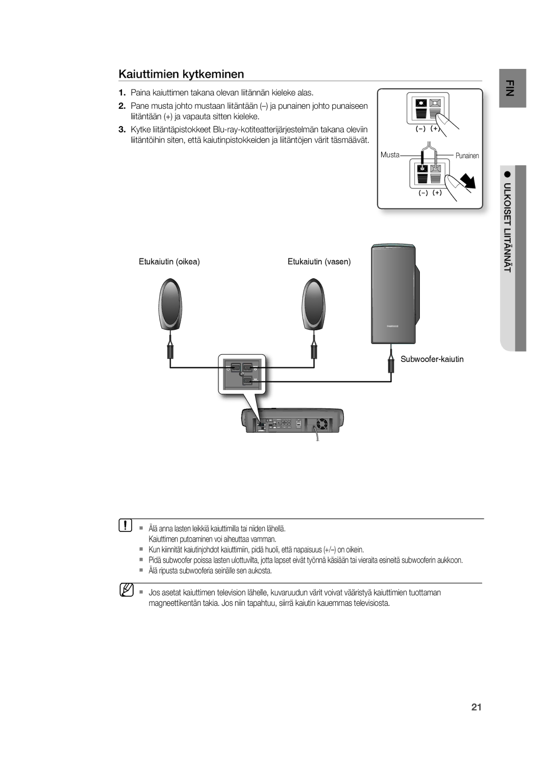 Samsung HT-BD6200R/XEE manual Kaiuttimien kytkeminen, Ulkoiset Liitännät,  Älä ripusta subwooferia seinälle sen aukosta 