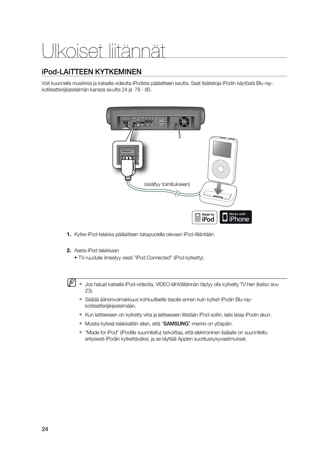 Samsung HT-BD6200R/XEE manual IPod-LAITTEEN Kytkeminen 