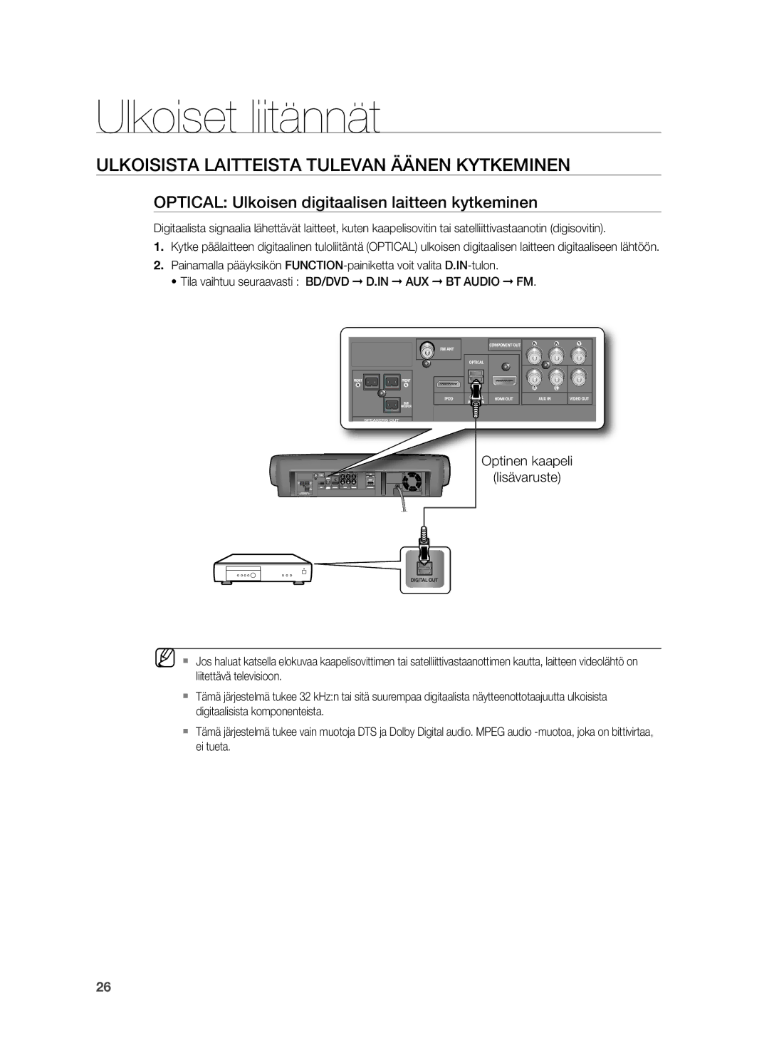 Samsung HT-BD6200R/XEE Ulkoisista Laitteista Tulevan Äänen Kytkeminen, Optical Ulkoisen digitaalisen laitteen kytkeminen 