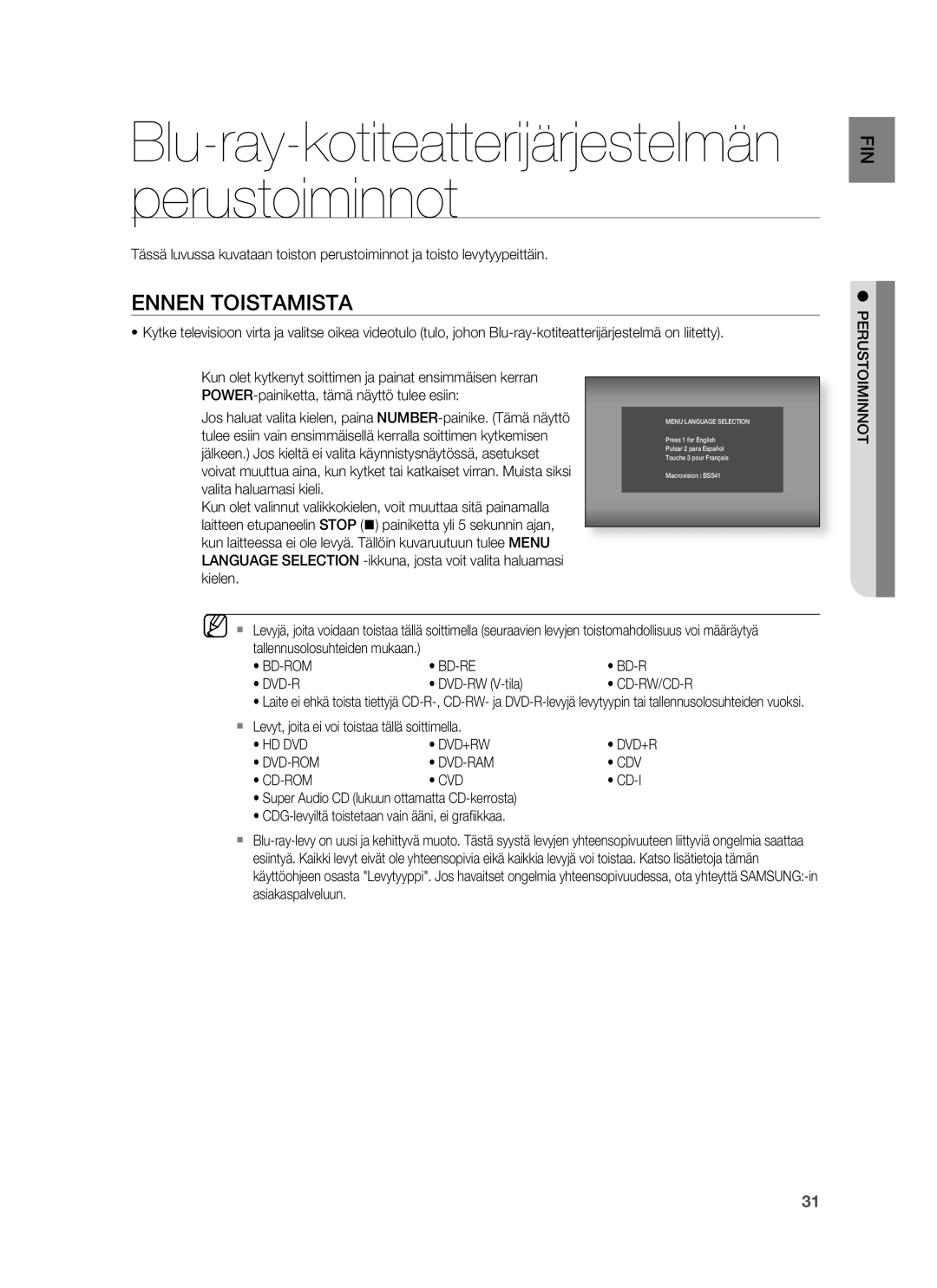 Samsung HT-BD6200R/XEE manual Ennen Toistamista, Perustoiminnot, Hd Dvd Dvd+Rw, Dvd-Rom Dvd-Ram Cdv Cd-Rom Cvd 