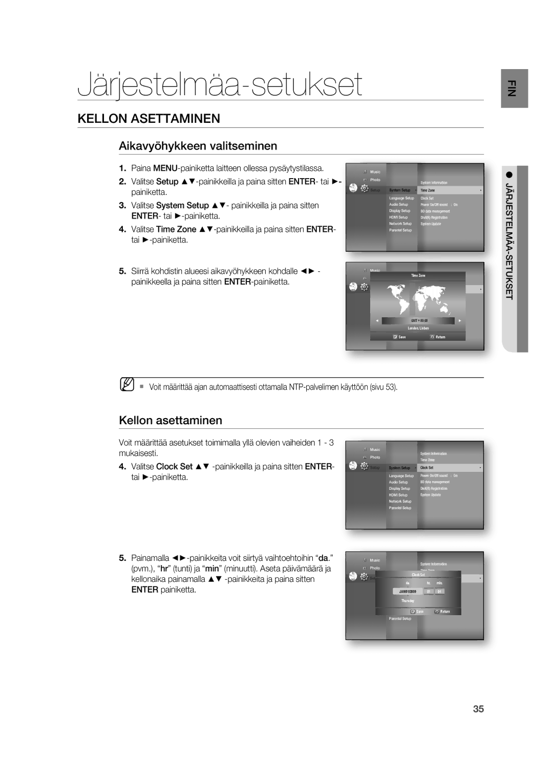 Samsung HT-BD6200R/XEE manual Järjestelmäa-setukset, Kellon Asettaminen, Aikavyöhykkeen valitseminen, Kellon asettaminen 