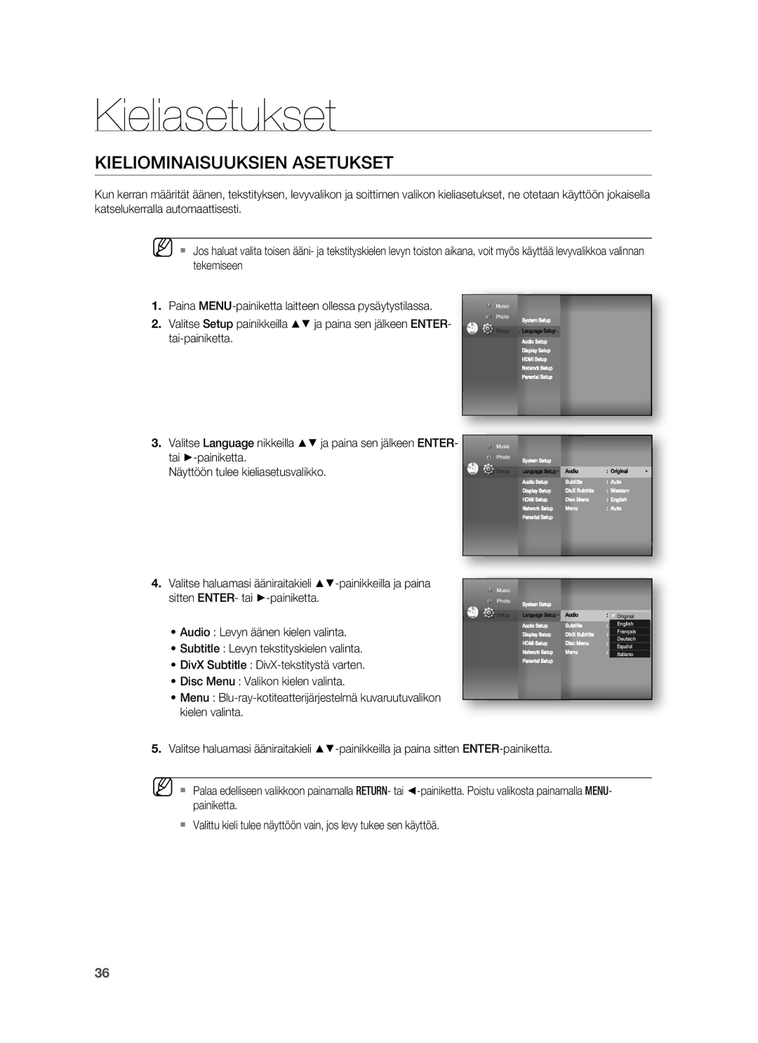 Samsung HT-BD6200R/XEE manual Kieliasetukset, Kieliominaisuuksien Asetukset, Sitten ENTER- tai -painiketta 