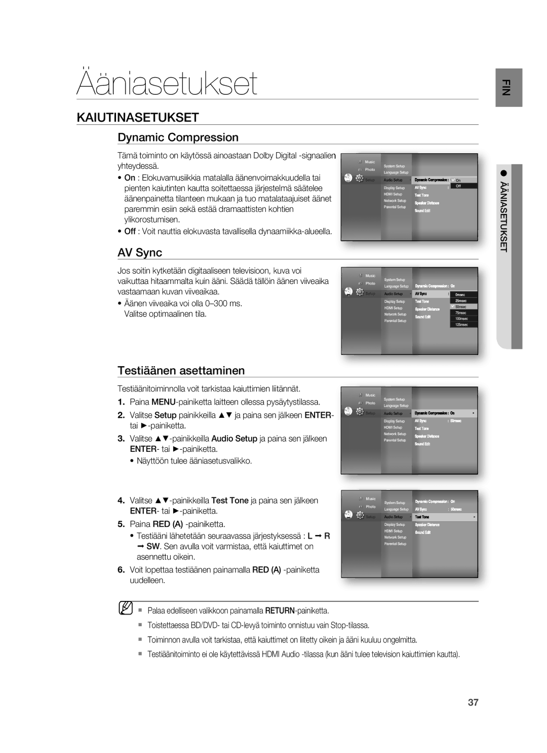 Samsung HT-BD6200R/XEE manual Ääniasetukset, Kaiutinasetukset, Dynamic Compression, AV Sync, Testiäänen asettaminen 