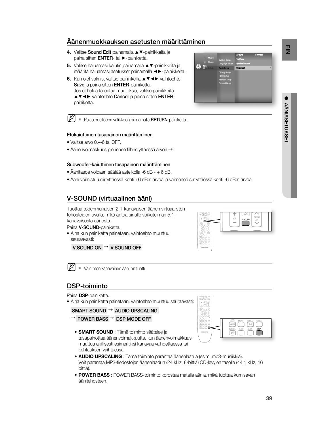 Samsung HT-BD6200R/XEE manual Sound virtuaalinen ääni, DSP-toiminto, Sound on V.SOUND OFF, Ääniasetukset 