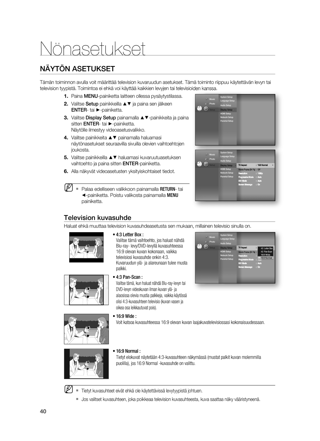 Samsung HT-BD6200R/XEE manual Nönasetukset, Näytön Asetukset, Television kuvasuhde 