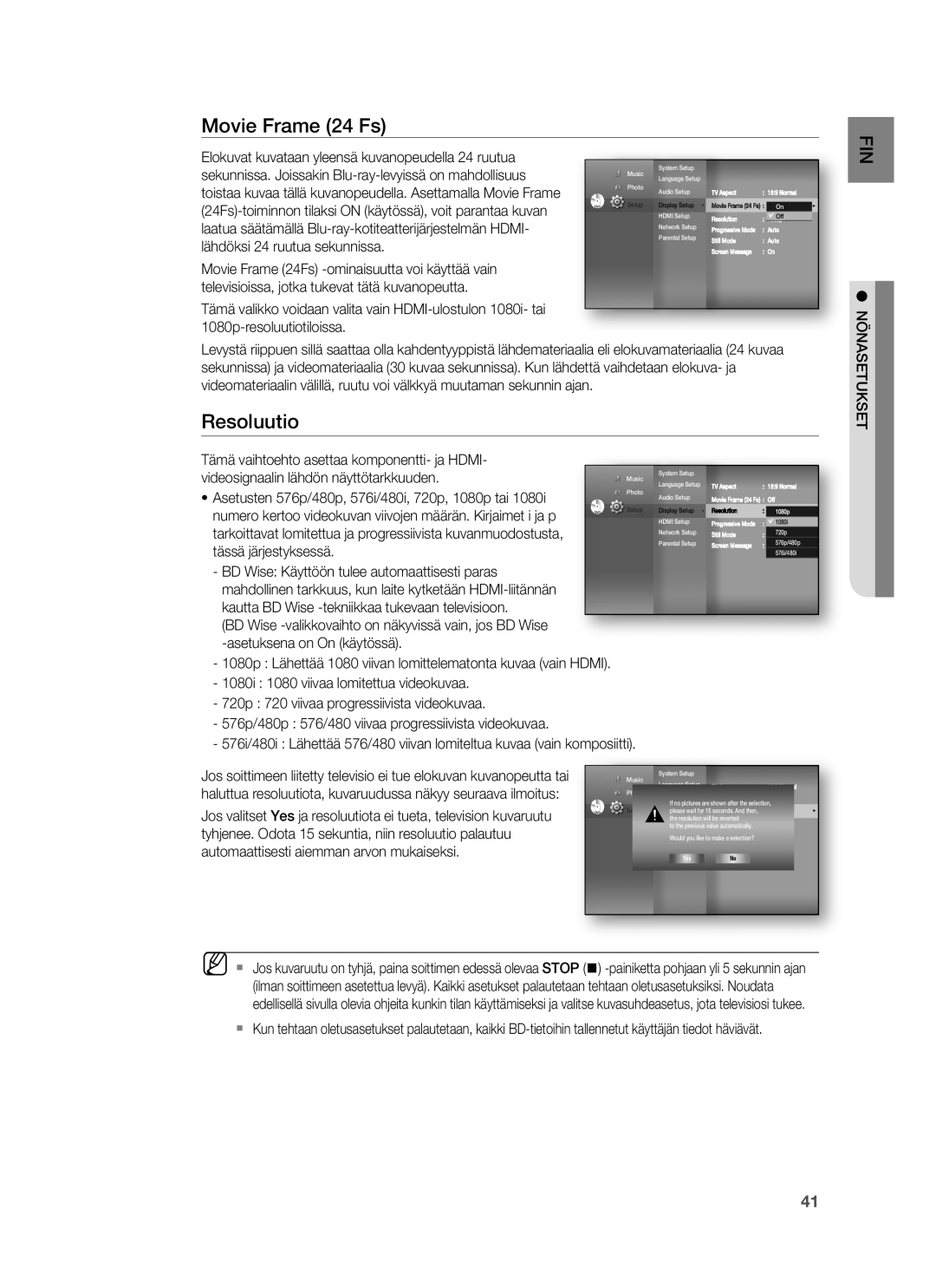 Samsung HT-BD6200R/XEE manual Movie Frame 24 Fs, Resoluutio, Nönasetukset 