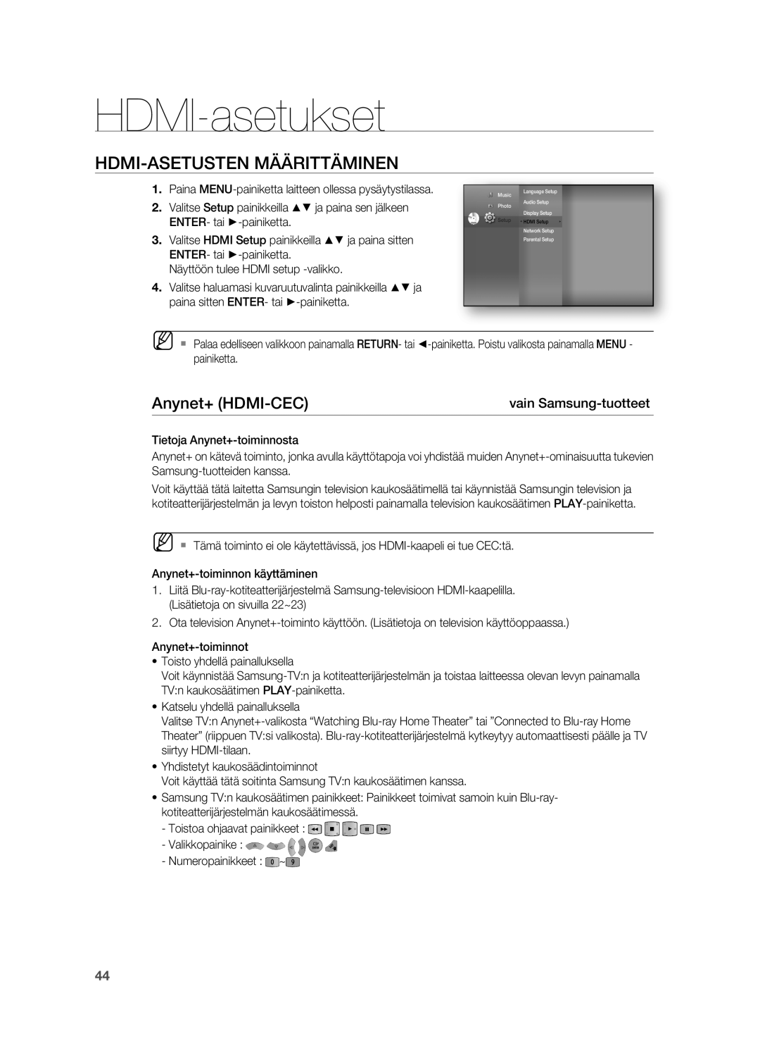 Samsung HT-BD6200R/XEE manual HDMI-asetukset, HDMI-ASETUSTEN Määrittäminen, Anynet+ HDMI-CEC, Vain Samsung-tuotteet 