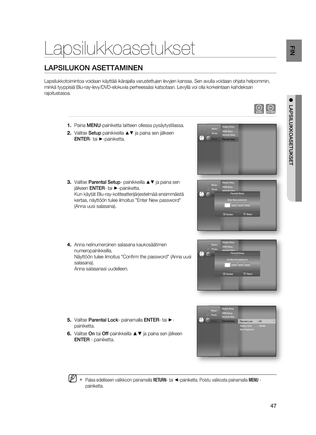 Samsung HT-BD6200R/XEE manual Lapsilukkoasetukset, Lapsilukon Asettaminen 