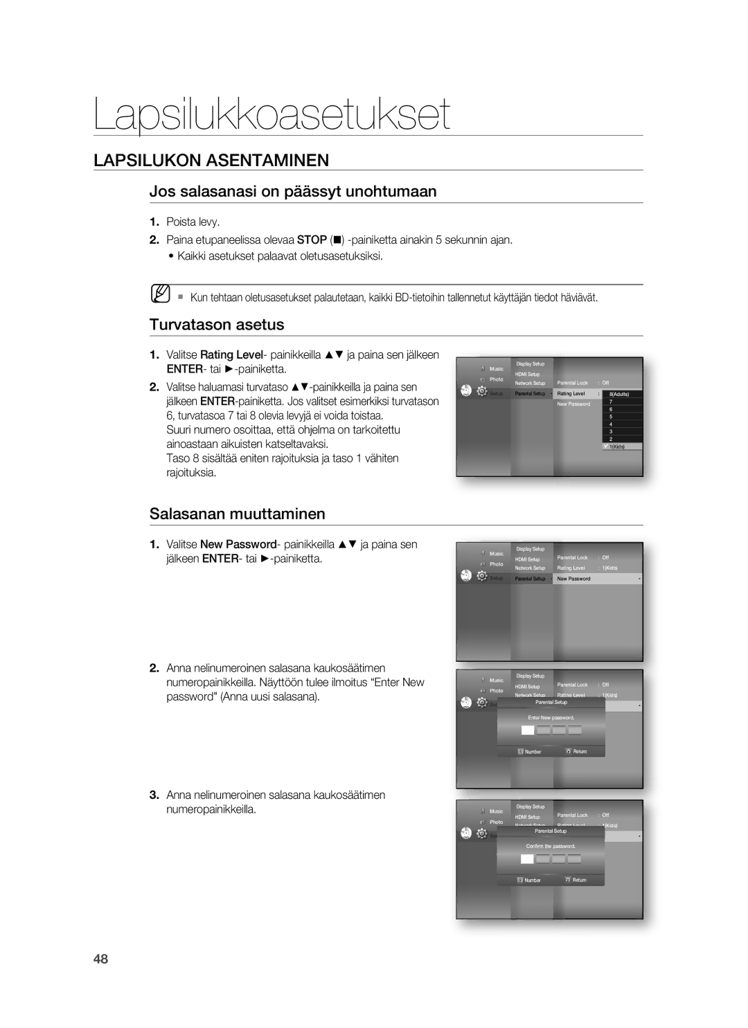 Samsung HT-BD6200R/XEE manual Lapsilukon Asentaminen, Jos salasanasi on päässyt unohtumaan, Turvatason asetus 