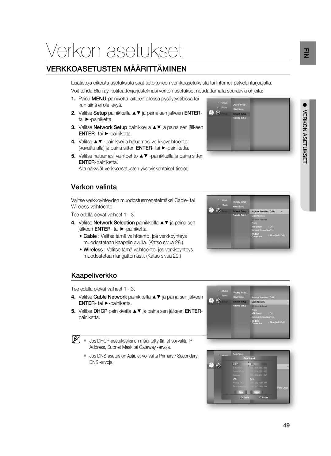 Samsung HT-BD6200R/XEE Verkon asetukset, Verkkoasetusten Määrittäminen, Verkon valinta, Kaapeliverkko, Verkon Asetukset 