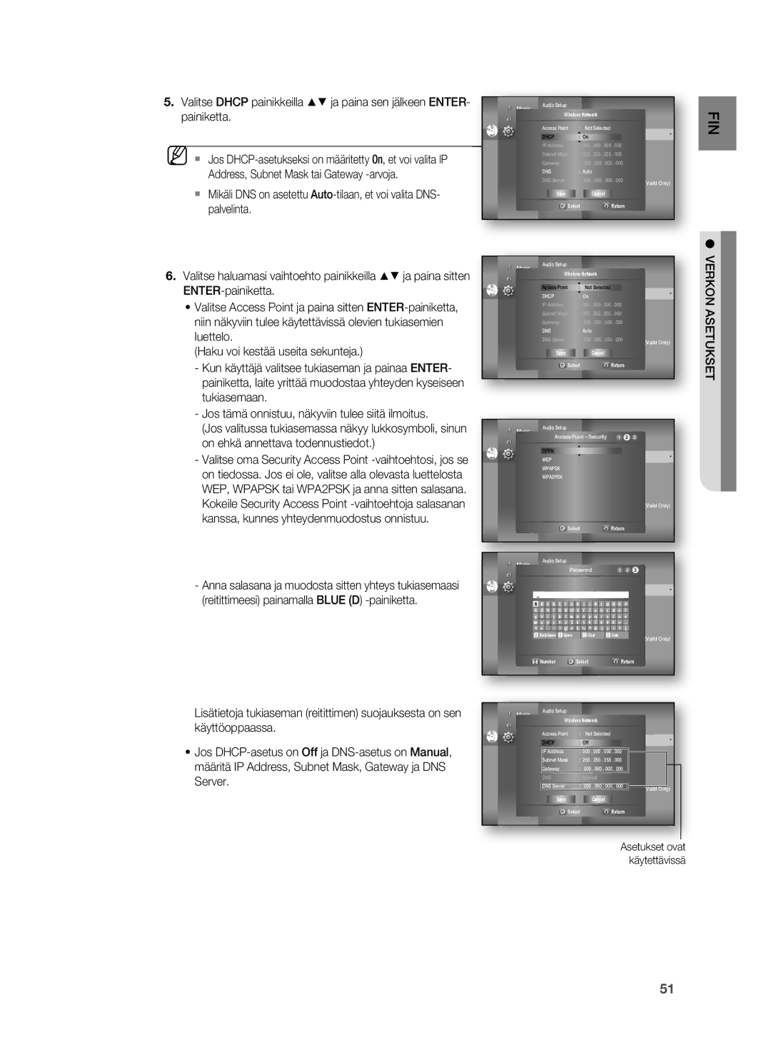 Samsung HT-BD6200R/XEE  Jos DHCP-asetukseksi on määritetty On, et voi valita IP, Address, Subnet Mask tai Gateway -arvoja 