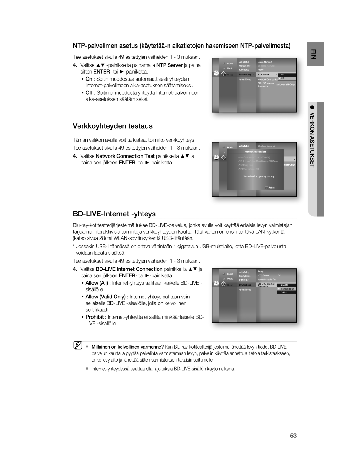 Samsung HT-BD6200R/XEE Verkkoyhteyden testaus, BD-LIVE-Internet -yhteys, Valitse Network Connection Test painikkeilla ja 