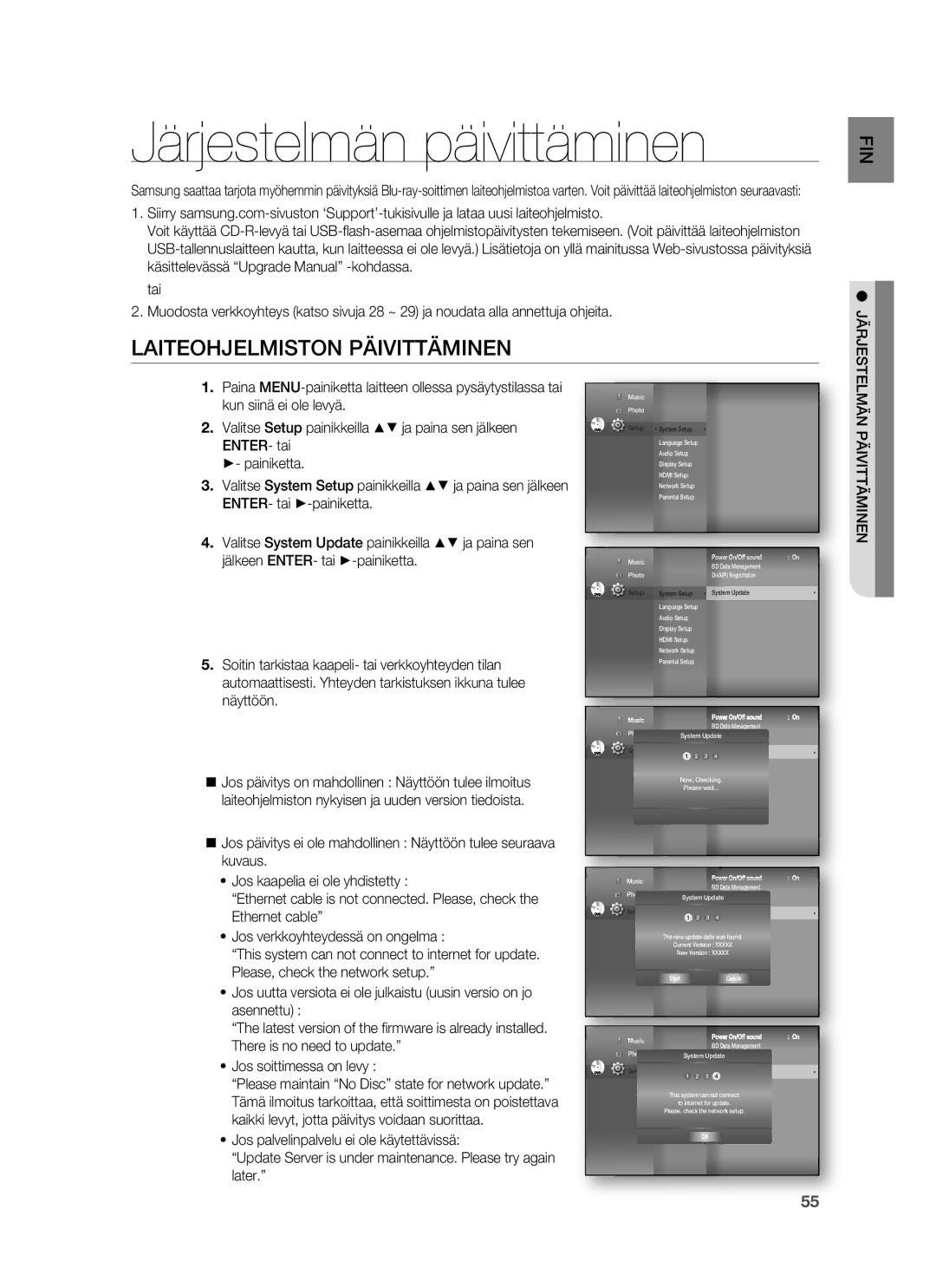 Samsung HT-BD6200R/XEE Järjestelmän päivittäminen, Laiteohjelmiston Päivittäminen, ENTER- tai, Järjestelmän Päivittäminen 