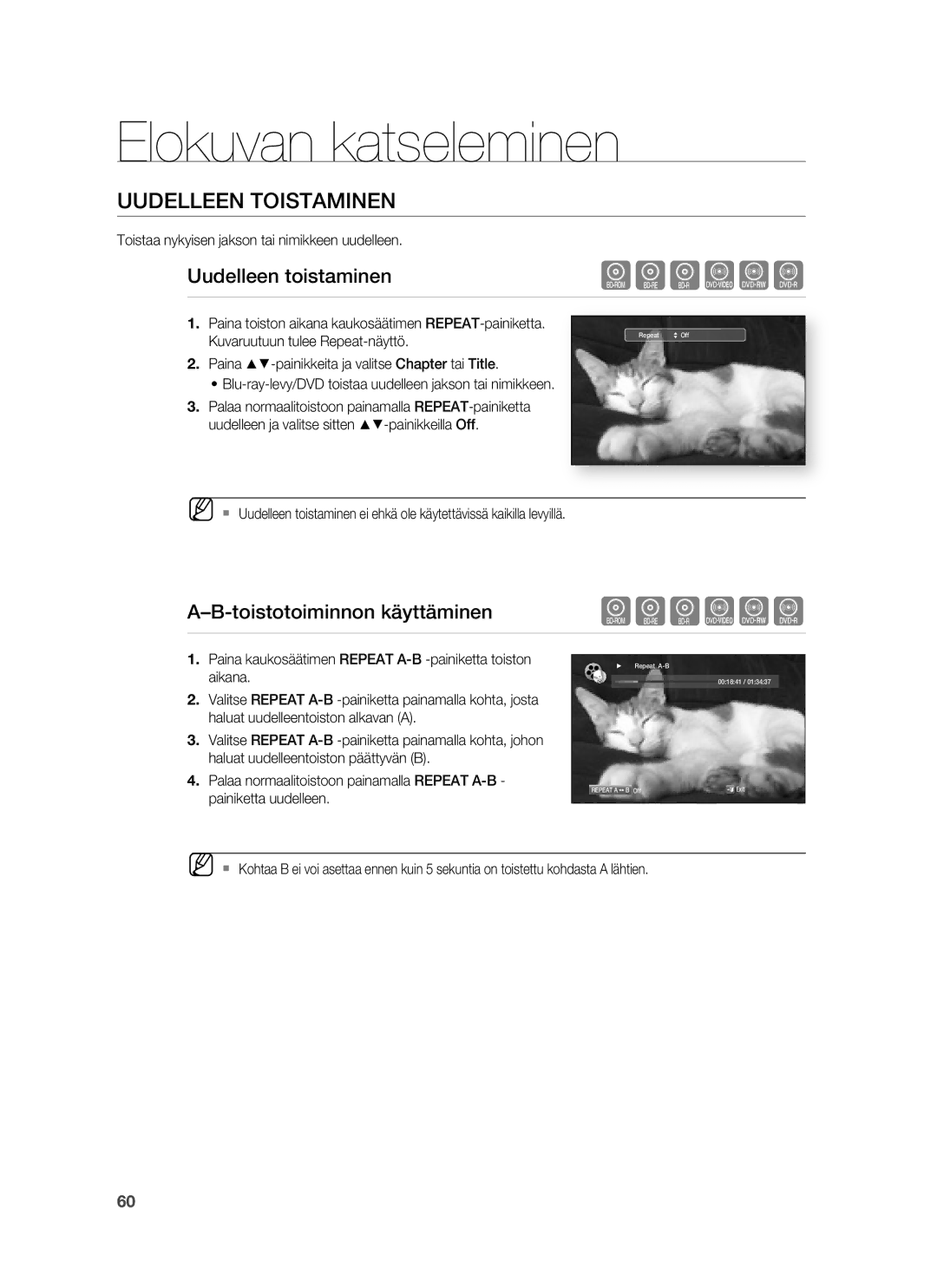 Samsung HT-BD6200R/XEE manual Uudelleen Toistaminen, Uudelleen toistaminen, Toistotoiminnon käyttäminen 