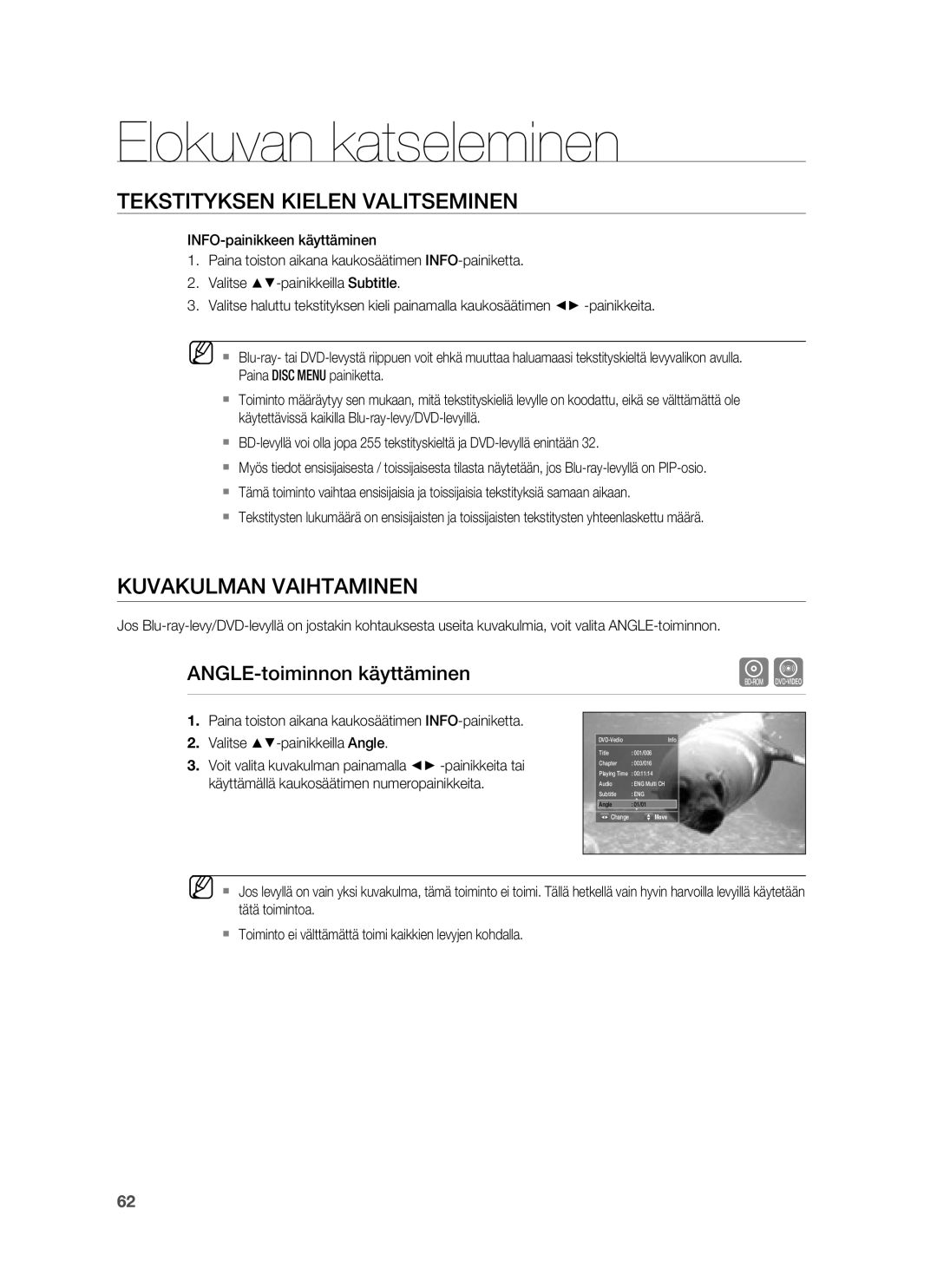 Samsung HT-BD6200R/XEE manual Kuvakulman Vaihtaminen, ANGLE-toiminnon käyttäminen 