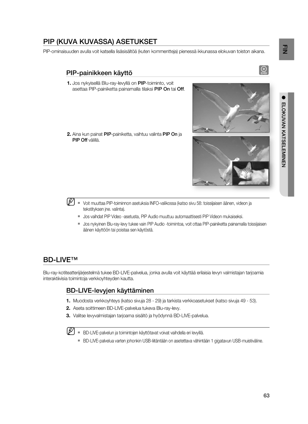 Samsung HT-BD6200R/XEE manual PIP Kuva Kuvassa Asetukset, Bd-Live, PIP-painikkeen käyttö, BD-LIVE-levyjen käyttäminen 