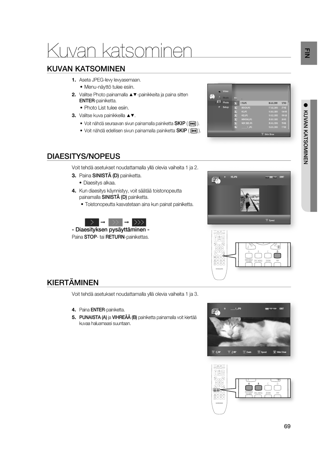 Samsung HT-BD6200R/XEE manual Kuvan katsominen, Kuvan Katsominen, Diaesitys/Nopeus, Kiertäminen, Diaesityksen pysäyttäminen 