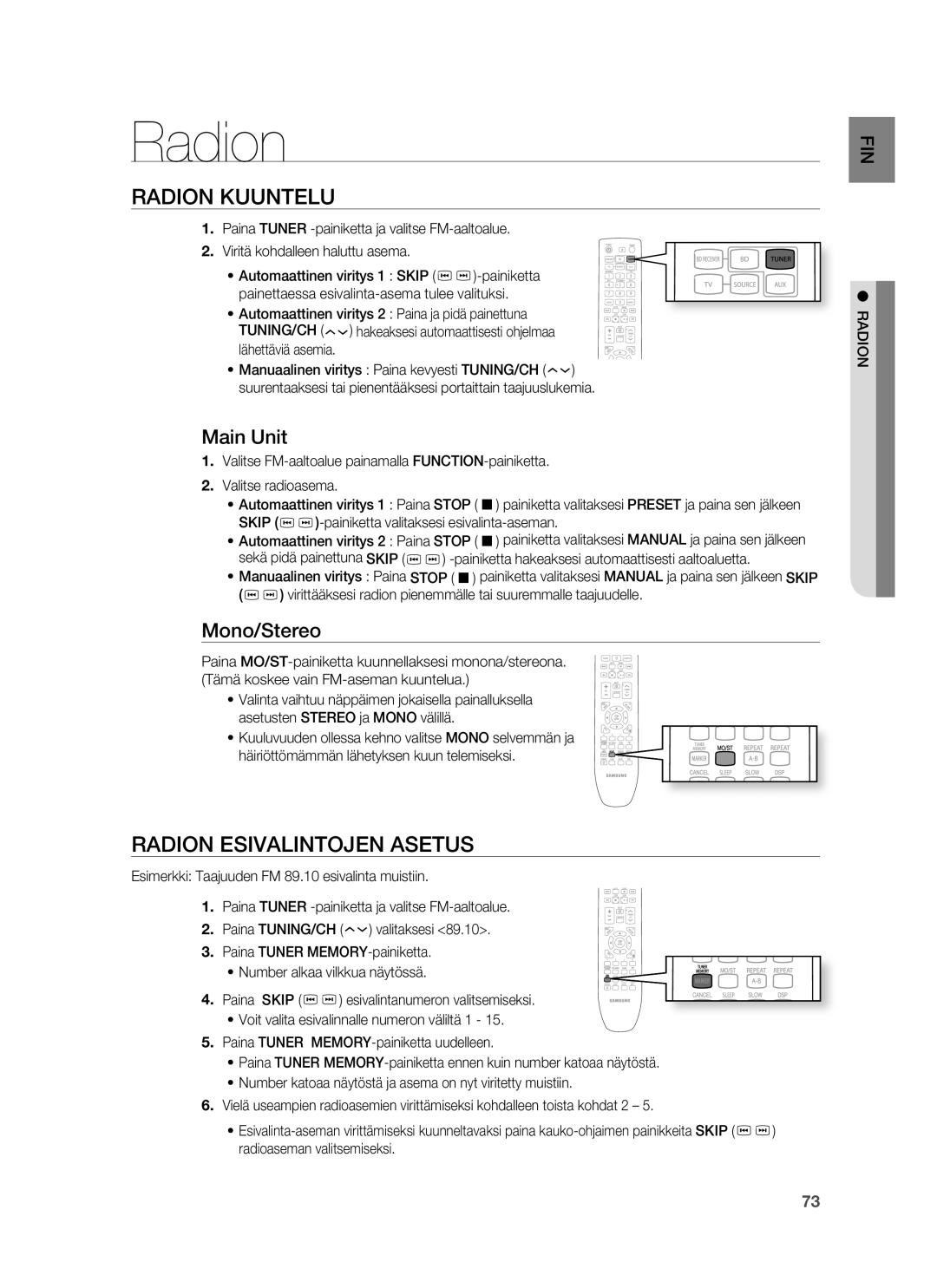 Samsung HT-BD6200R/XEE manual Radion Kuuntelu, Radion Esivalintojen Asetus, Main Unit, Mono/Stereo 