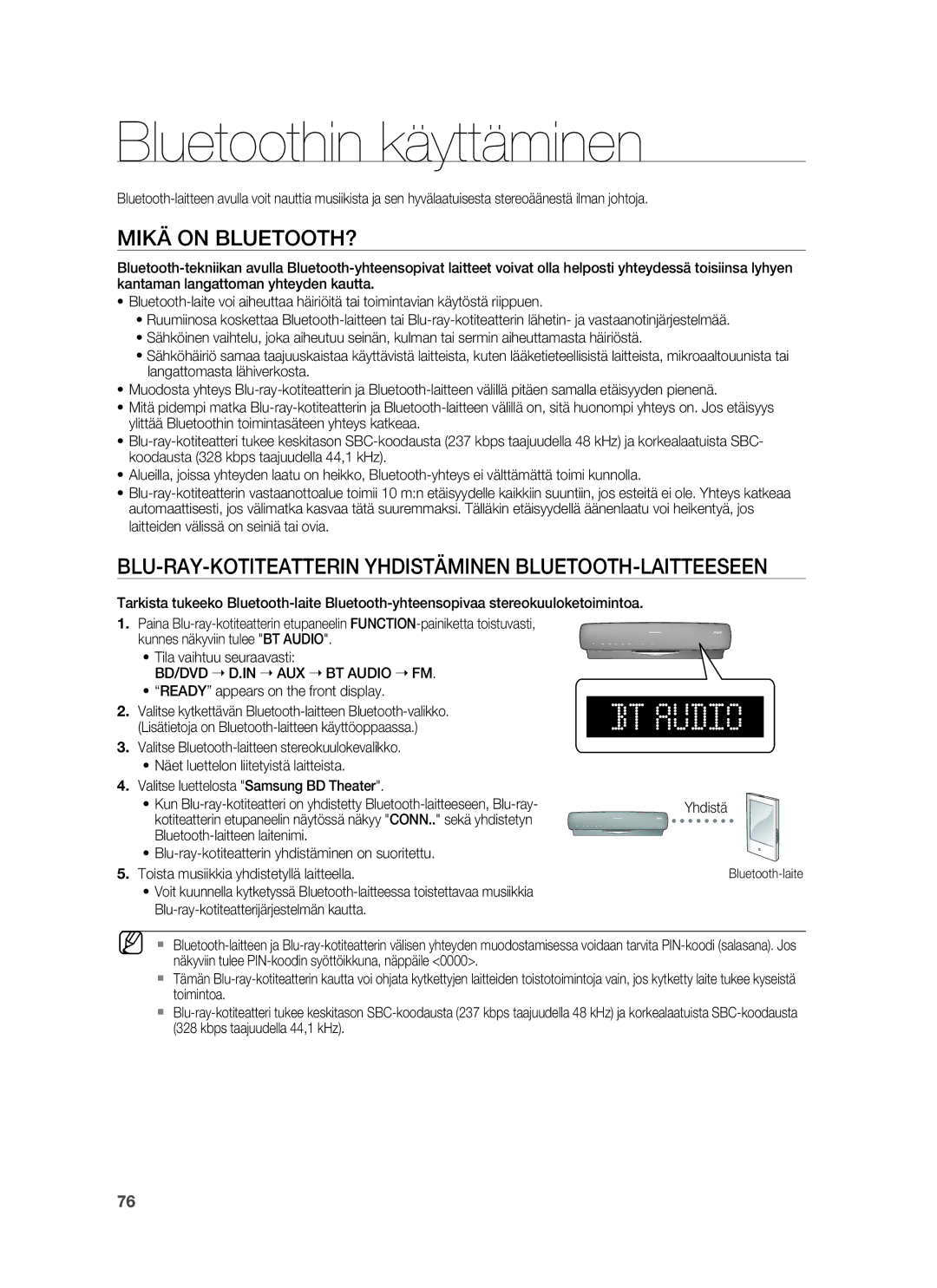 Samsung HT-BD6200R/XEE manual Bluetoothin käyttäminen, Mikä on BLUETOOTH?, BD/DVD D.IN AUX BT Audio FM 