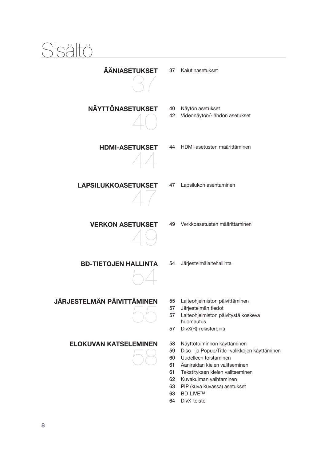 Samsung HT-BD6200R/XEE Ääniasetukset 37 Kaiutinasetukset, Lapsilukon asentaminen, Järjestelmälaitehallinta, DivX-toisto 