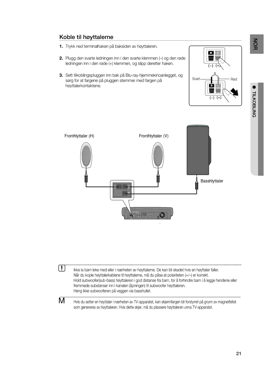 Samsung HT-BD6200R/XEE manual Koble til høyttalerne, Trykk ned terminalhaken på baksiden av høyttaleren, Tilkobling 