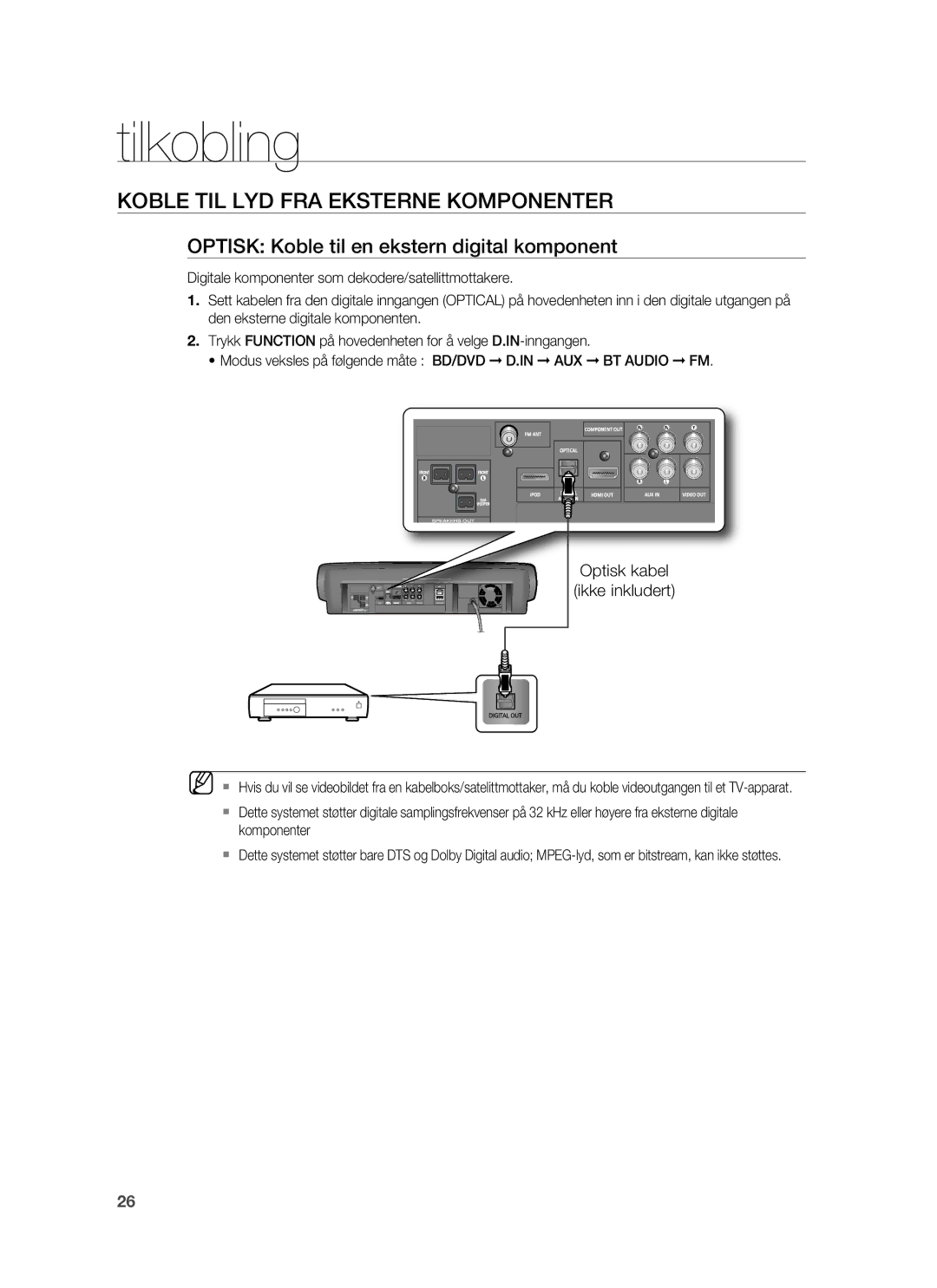 Samsung HT-BD6200R/XEE manual Koble TIL LYD FRA Eksterne Komponenter, Optisk Koble til en ekstern digital komponent 