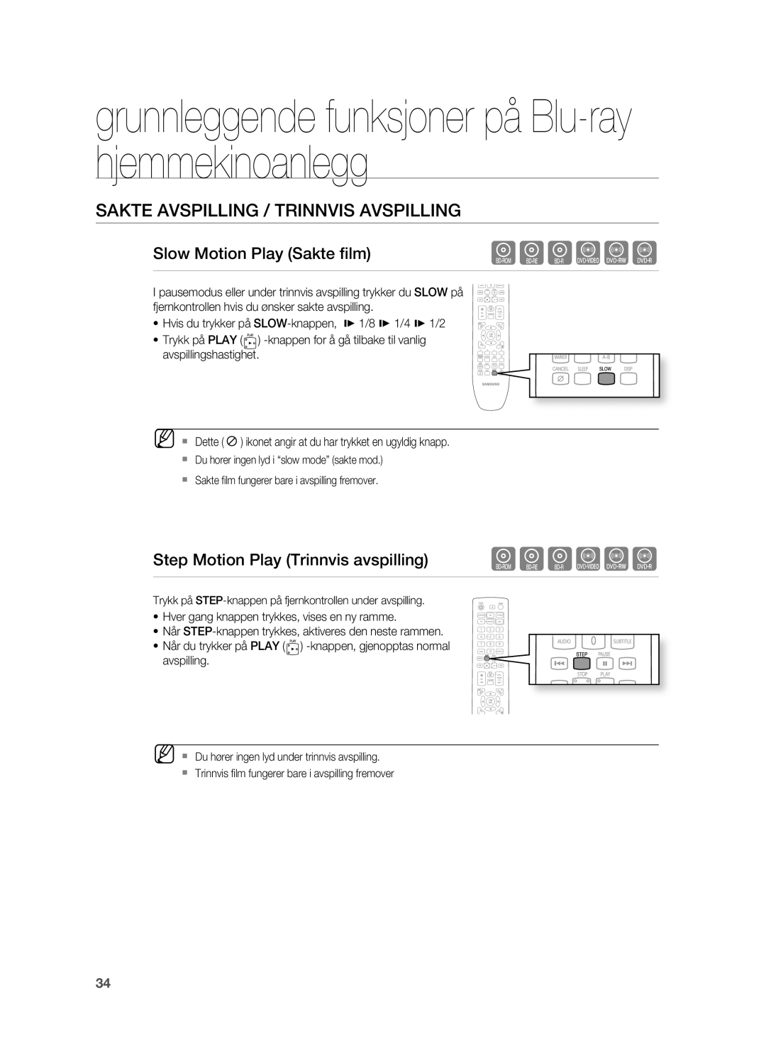 Samsung HT-BD6200R/XEE manual Sakte Avspilling / Trinnvis Avspilling, Slow Motion Play Sakte ﬁlm 